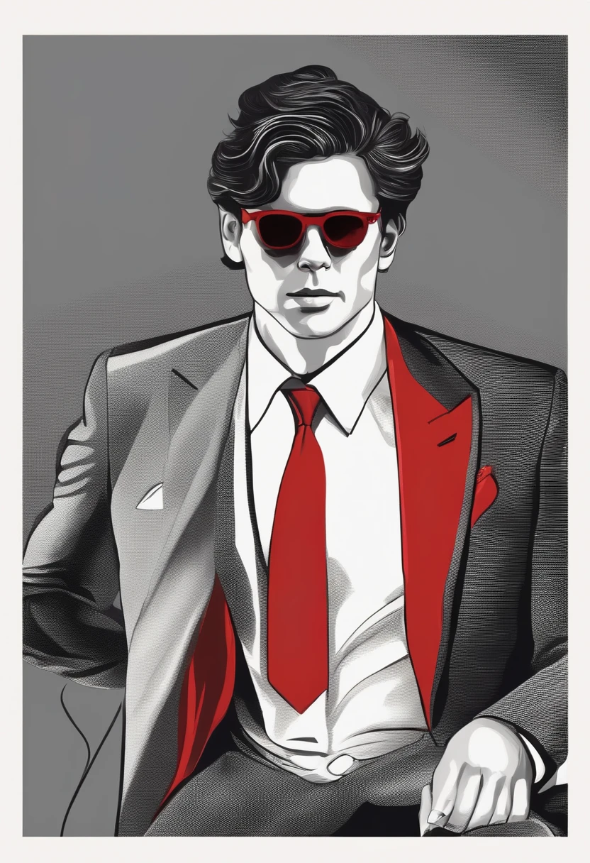 A closeup of a person in a suit and sunglasses on a cell phone, red and cinematic lighting, terno vermelho, vestindo um terno preto e vermelho, cinematic red lighting, retrato de alta qualidade, no fundo vermelho, vestindo trajes formais vermelhos, humor vermelho no fundo, epic and elegant portrait, homem bonito, vestindo jaqueta vermelha, tudo vermelho, vestindo vermelho, tema de cor vermelha