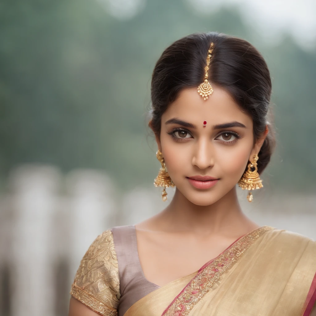 "ung Indian woman with a cute and radiant face, featuring exquisitely detailed eyes, expressing a mix of shyness and joy, she wearing golden ornaments in bare body she covered her body with transparent saree, She has a slim figure and -big sized breasts. Generate an 8k image."