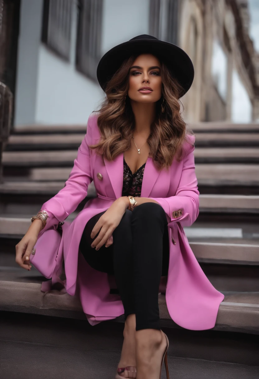 4k, Realistic, alto detalhamento, super olhos detalhados, roupas de moda, trenchcoat rosa, boina francesa, black pants with belt, cabelos longos, na cidade, cabelo rosa, Purple eyes, Yae Miko, wearing trendy sunglasses,