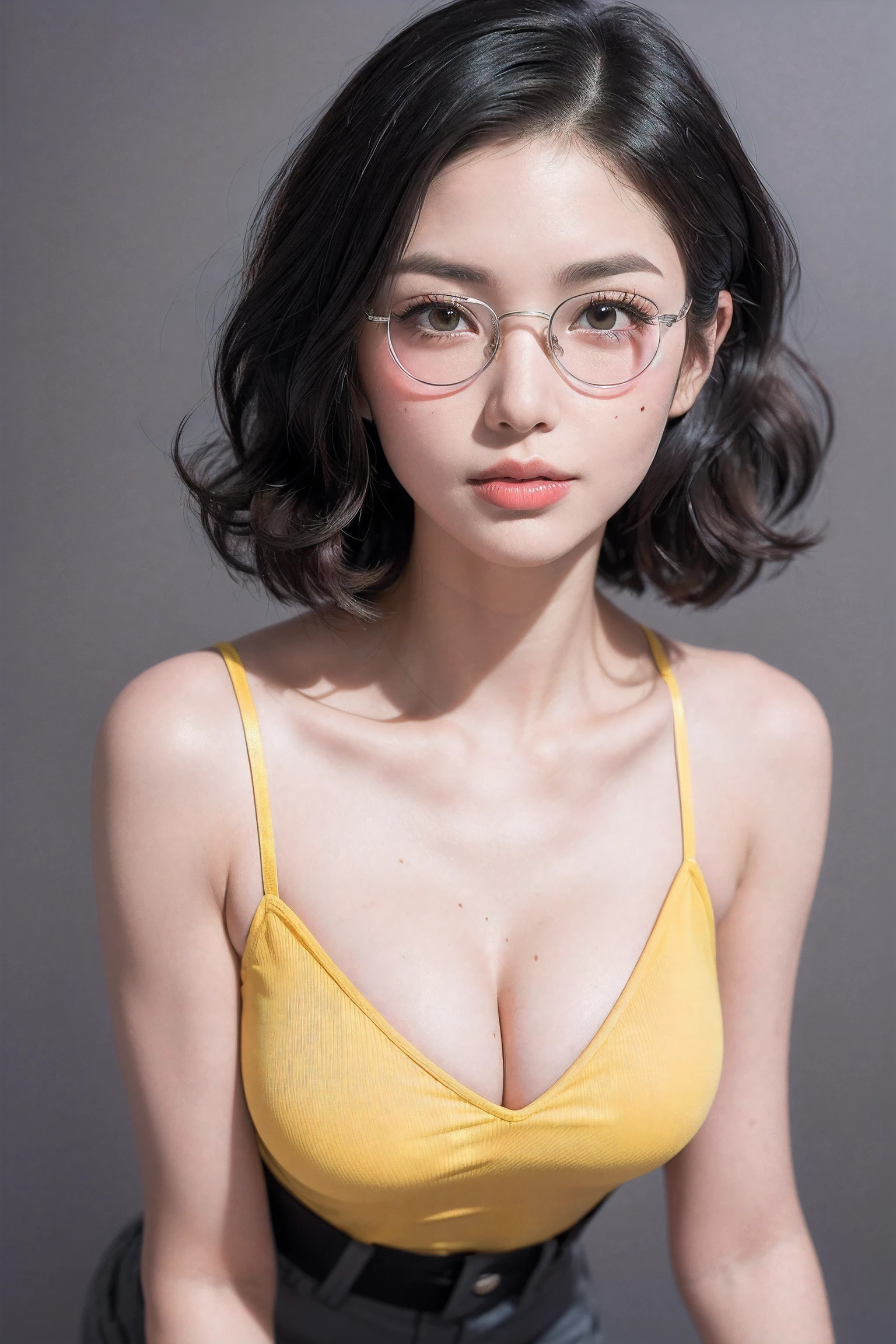 (((1curly short hair girl:1.3, solo))), a extremely close up face image of extremely pretty and beautiful Japanese woman wearing a glasses, (((Symmetry:1.5, centered image:1.5))), (1 with an emphasized enchanting cleavage: Composition of 1), (extremely close up face image:1.5), (sexy model), professional attire, (22 years old: 1.1), (from below:1.3), (low angle:1.3), (kneeling:1.5), ((girl on top:1.5)), ((arms up:1.3)), (arms behind back on head:1.3), (attractive random posing:1.3), break, (curly short hair:1.3), (shiny-black thin hair:1.2), (wavy messy hair:1.3), (curly inside:1.3), bangs, wind, floating hair, dark brown eyes, beautiful eyes, princess eyes, bangs, Hair between eyes, short hair:1.3, (mole under eye:1.3), curby, abs, perfect abs, (gigantic-breasts:1.5, sagging breasts:1.5, disproportionate breasts:1.5), (thin waist: 1.15, abs:0.95), (detailed beautiful girl: 1.4), Parted lips, Red lips, full-make-up face, (shiny skin), ((Perfect Female Body)), (Upper Body Image:1.3), Perfect Anatomy, Perfect Proportions, (most beautiful Korean actress face:1.3, extremely cute and beautiful Japanese actress face:1.3, seductive light smile, happy, BREAK, (bare shoulder, Chest squeezed together, View viewer, (chest-bold-open elegant cotton yellow camisole onepiece dress:1.3), detailed clothes, (wearing a glasees:1.3), BREAK, (simple dark-grey background:1.2), (dark background), (Studio soft lighting: 1.3), (fake lights: 1.3), (backlight: 1.3), BREAK, (Realistic, Photorealistic: 1.37), (Masterpiece, Best Quality: 1.2), (Ultra High Resolution: 1.2), (RAW Photo: 1.2), (Sharp Focus: 1.3), (Face Focus: 1.2), (Ultra Detailed CG Unified 8k Wallpaper: 1.2), (Beautiful Skin: 1.2), (pale Skin: 1.3), (Hyper Sharp Focus: 1.5), (Ultra Sharp Focus: 1.5), (Beautiful pretty face: 1.3), (super detailed background, detail background: 1.3), Ultra Realistic Photo, Hyper Sharp Image, Hyper Detail Image,