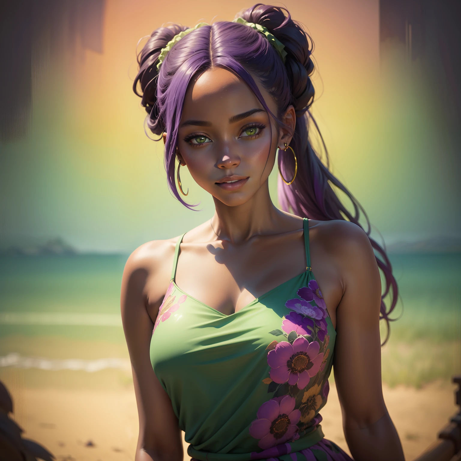 Portrait of a beautiful smiling woman, purple hair, African pigtails, dark-skin, Cyan eyes, in a green dress with red patterns,  Against the background of the savannah, cynthwave, watercolor painting on canvas, Trends in art, dramatic  lighting, abstract expressionism, pastel shades of tone (HD) golden ratio details aesthetics octane number render excellent composition natural textures 8k oil painting masterpiece canon eos r4s 50