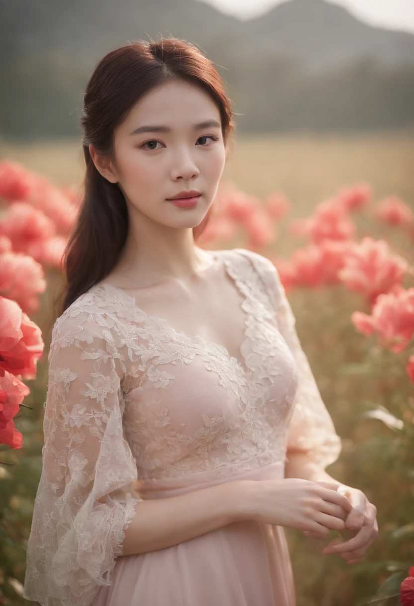 a 20 yo chinese girl in a field of fantastic flowers, an amazing combination of colors, close-up, cut lace dress, 4k, cinematic lights, hyper realistic, hyper detailed, real life, Sony Alpha α7, photorealistic, photoshoot --v 5.2