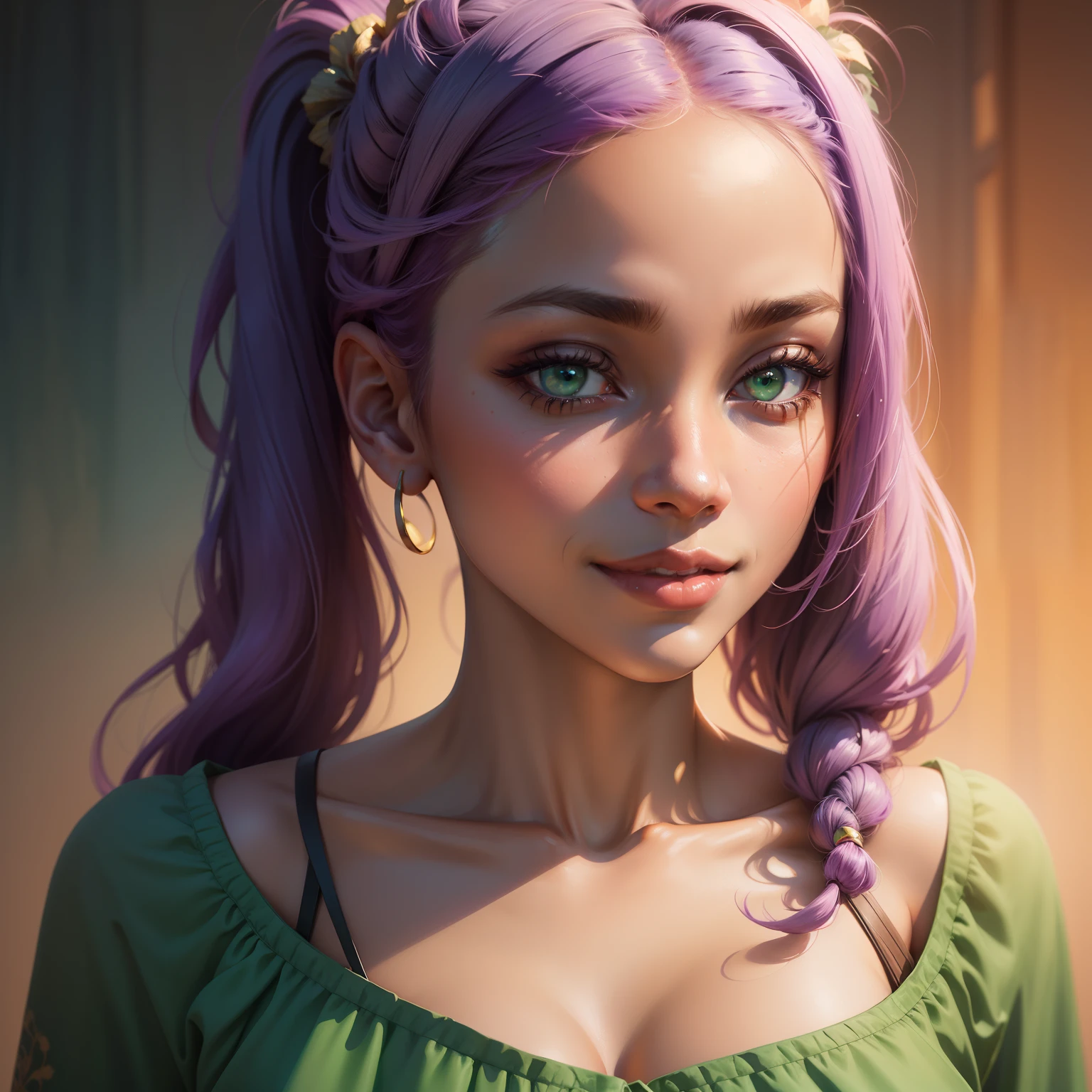 Portrait of a beautiful smiling woman, purple hair, African pigtails, dark-skin, Cyan eyes, in a green dress with red patterns, Against the background of the savannah, cynthwave, watercolor painting on canvas, Trends in art, dramatic lighting, abstract expressionism, pastel shades of tone (HD) golden ratio details aesthetics octane number rendering excellent composition natural textures 8k oil painting masterpiece canon eos r4s 50, Realistic facial features, hyper realisitc