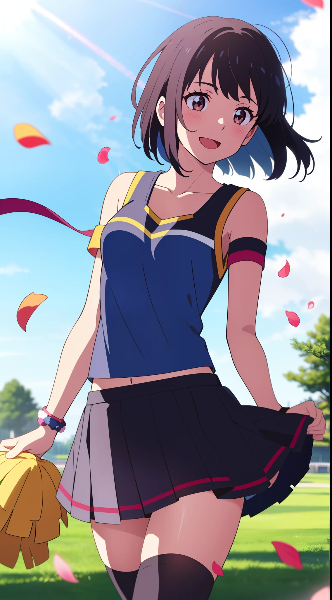 modelshoot style, masterpiece, absurdres, best quality, perfect anatomy, shinkai makoto, kimi no na wa., 1girl, bangs, (two-tone hair, pink hair, black hair), brown eyes, blush, solo, idol, short hair, white hair flower, ribbon, bow, standing on one leg, armlet, bracelet, arm ribbon, thighhighs, outstretched arm, petals, red headband, floating hair, dynamic pose, cinematic angle, cowboy shot, light particles, sparkle, beautiful detailed eyes, shiny skin, shiny hair, sunbeam, wide shot, depth of field, backlighting, day, beautiful clouds, gradient sky, dappled sunlight, contrail, outdoors, reflective floor, park, flowery meadow, wind, cute, smile, open mouth, :D, cheerleader, pom pom \(cheerleading\), collarbone, holding pom poms, layered skirt, pleated skirt, short sleeves, outdoors, school