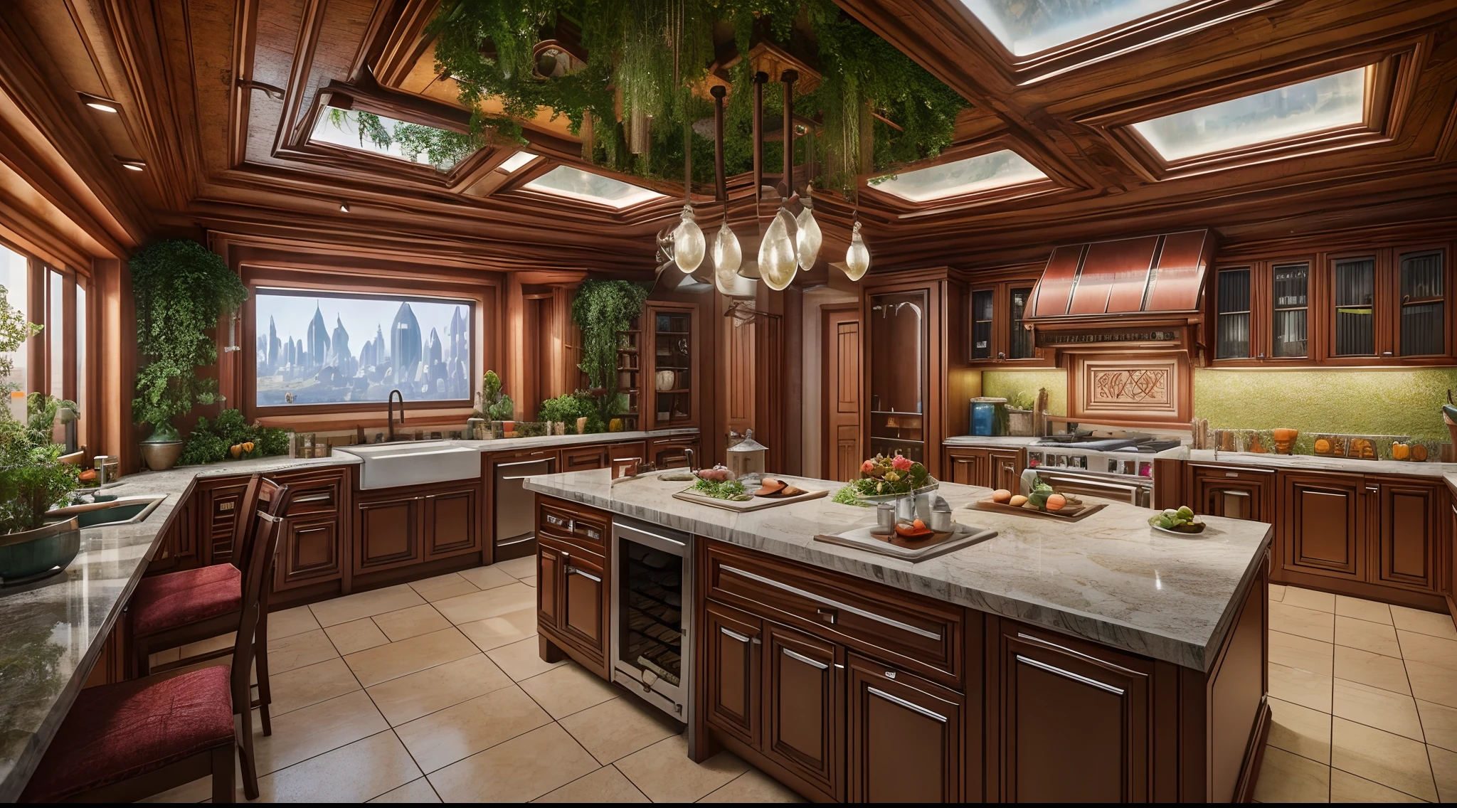 beautiful open kitchen in the style of elena of avalor overlooking aerial wide angle view of a solarpunk vibrant city with greenery, interior architecture, kitchen, eating space, rendered in octane, in the style of Luc Schuiten, craig mullins, solarpunk in deviantart, photorealistic, highly detailed, Vincent Callebaut, elena of avalor, highly detailed