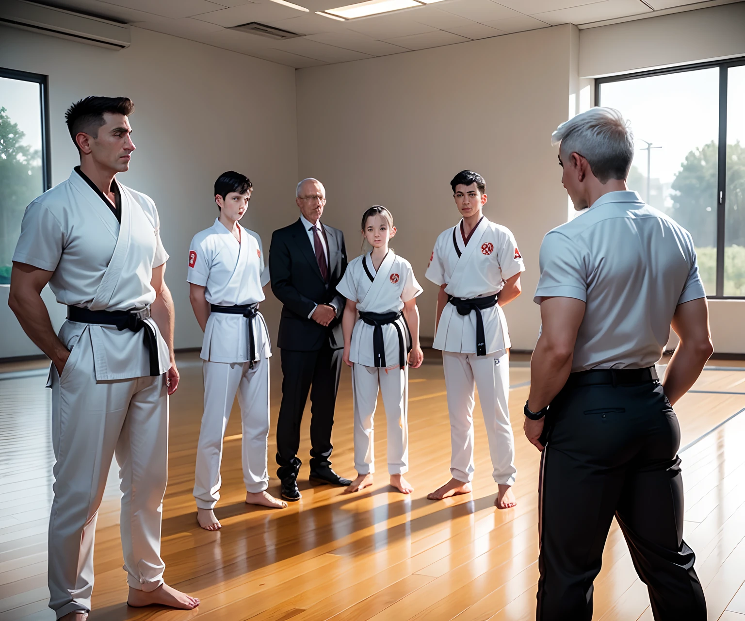 five european kids, all kids from 9 to 11 years old, in white Karate-Uniforms with long trousers and orange belts, all 5 kids are facing one male european karate teacher in a white Karate-Uniform with long trousers and black belt, karate teacher is 60 years old, the training room has white walls and a wooden floor,