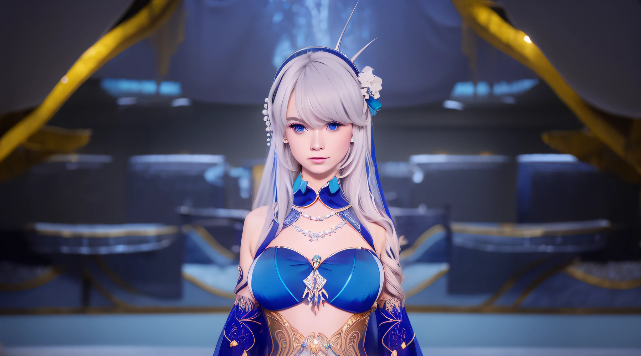 white long hair, glare,wearing blue aqua dress elegant with gold line, the stomach is open, Mermaid horn headband, photorealistic, masterpiece