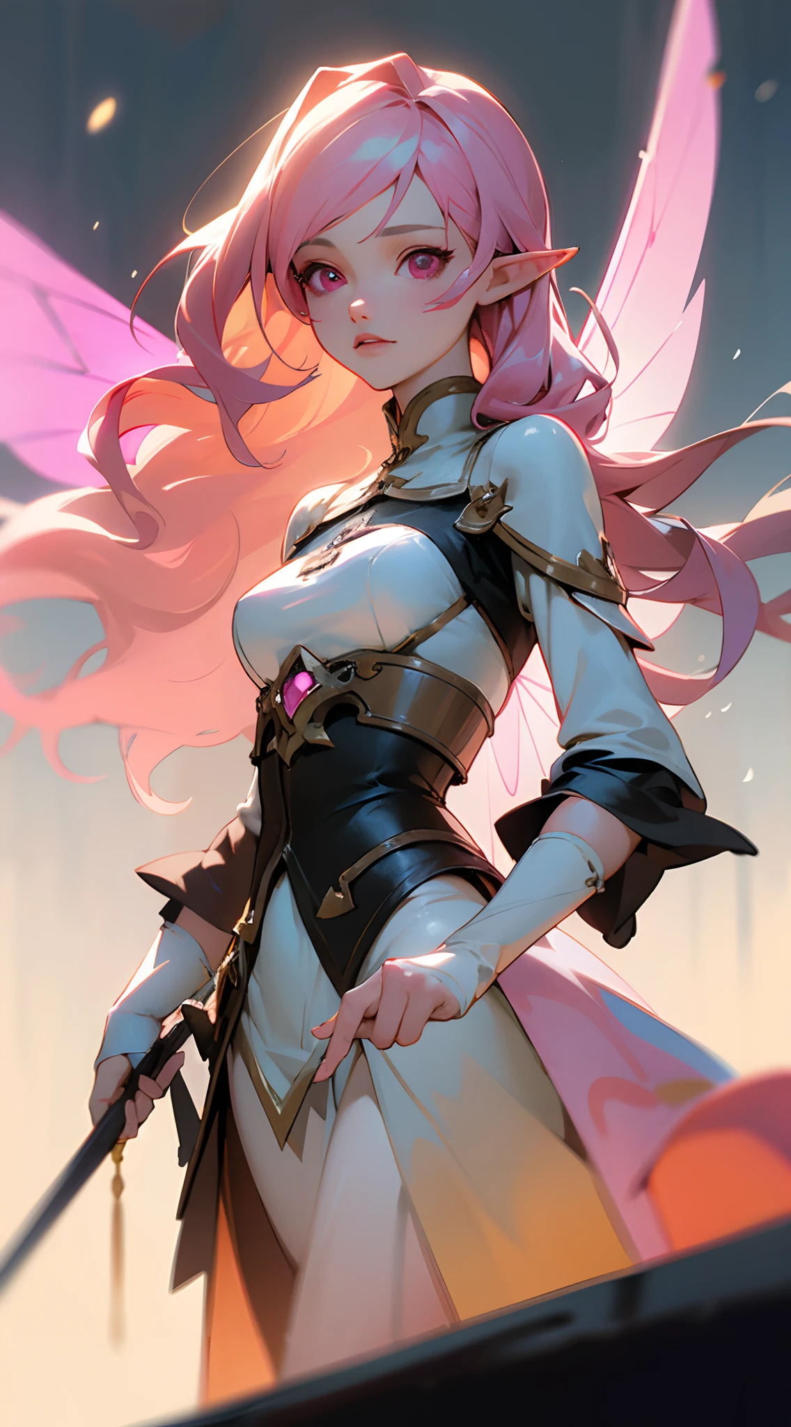 ((Best quality)), ((masterpiece)), (detailed:1.4), 3D, an image of a beautiful fantasy character ,HDR (High Dynamic Range),Ray Tracing,NVIDIA RTX,Super-Resolution,Unreal 5,Subsurface scattering,PBR Texturing,Post-processing,Anisotropic Filtering,Depth-of-field,Maximum clarity and sharpness,Multi-layered textures,Albedo and Specular maps,Surface shading,Accurate simulation of light-material interaction,Perfect proportions,Octane Render,Two-tone lighting,Wide aperture,Low ISO,White balance,Rule of thirds,8K RAW, from waistline up , wearing fantasy mmo attire , sword art online art style , white background, Beautiful woman , very long hair , wavy hair , pink eyes , pink hair , pale skin , elf ears , ((has fairy wings:1 )), age 23
