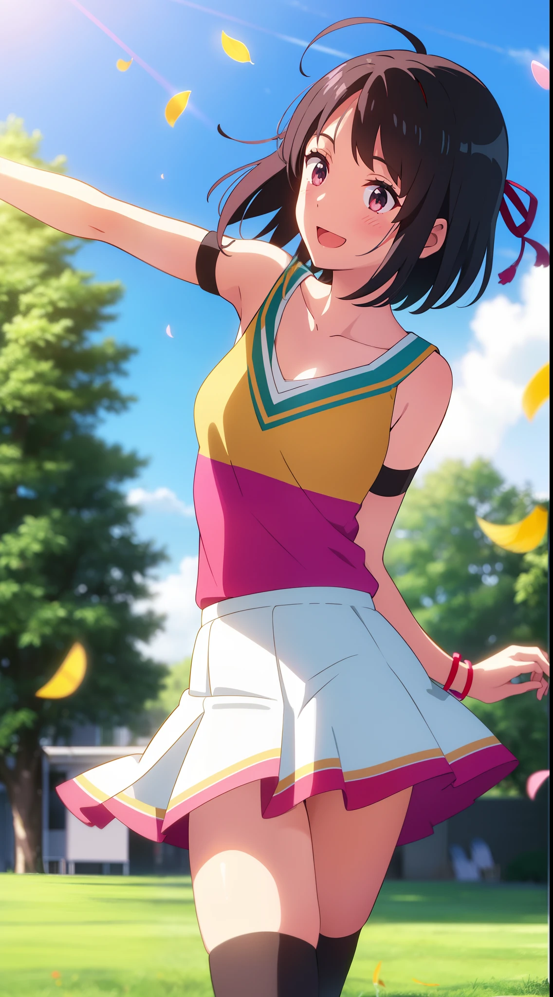 modelshoot style, masterpiece, absurdres, best quality, perfect ???????, shinkai makoto, kimi no na wa., 1girl, bangs, (two-tone hair, pink hair, black hair), brown eyes, blush, solo, idol, short hair, white hair flower, ribbon, bow, standing on one leg, armlet, bracelet, arm ribbon, thighhighs, outstretched arm, petals, red headband, floating hair, dynamic pose, cinematic angle, cowboy shot, light particles, sparkle, beautiful detailed eyes, shiny skin, shiny hair, sunbeam, wide shot, depth of field, backlighting, day, beautiful clouds, gradient sky, dappled sunlight, contrail, outdoors, reflective floor, park, flowery meadow, wind, cute, smile, open mouth, :D, cheerleader, pom pom \(cheerleading\), collarbone, holding pom poms, layered skirt, pleated skirt, short sleeves, outdoors, school