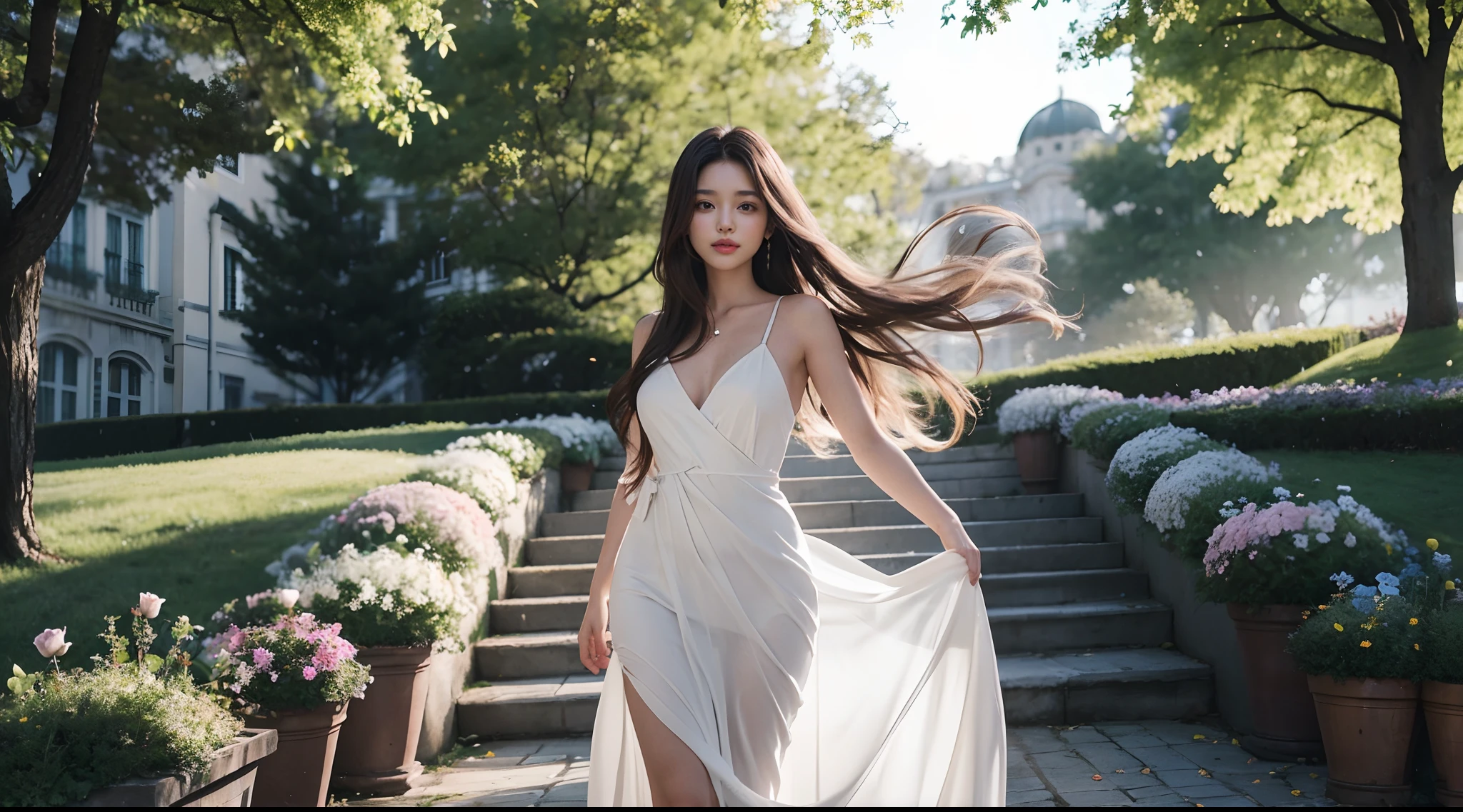Imagine the promise of springtime elegance embodied in a stunning 20-year-old woman. She's a vision of youthful sophistication in a chic cocktail dress, showcasing the epitome of seasonal fashion.
Draped in a cocktail dress that exudes the freshness of spring, she radiates timeless charm. The dress features delicate floral patterns, capturing the essence of blooming flowers and renewal. Its silhouette accentuates her youthful figure with grace.
Her long, flowing hair, kissed by the sun, cascades down her back, adding a touch of natural beauty to her ensemble. Brown eyes reflect the vibrant colors of the season, while her lips are adorned with a subtle, welcoming smile.
This enchanting young woman embodies the promise of spring, where nature's beauty converges with fashionable elegance. With every step she takes, she breathes life into the season, infusing style and grace into the world around her.