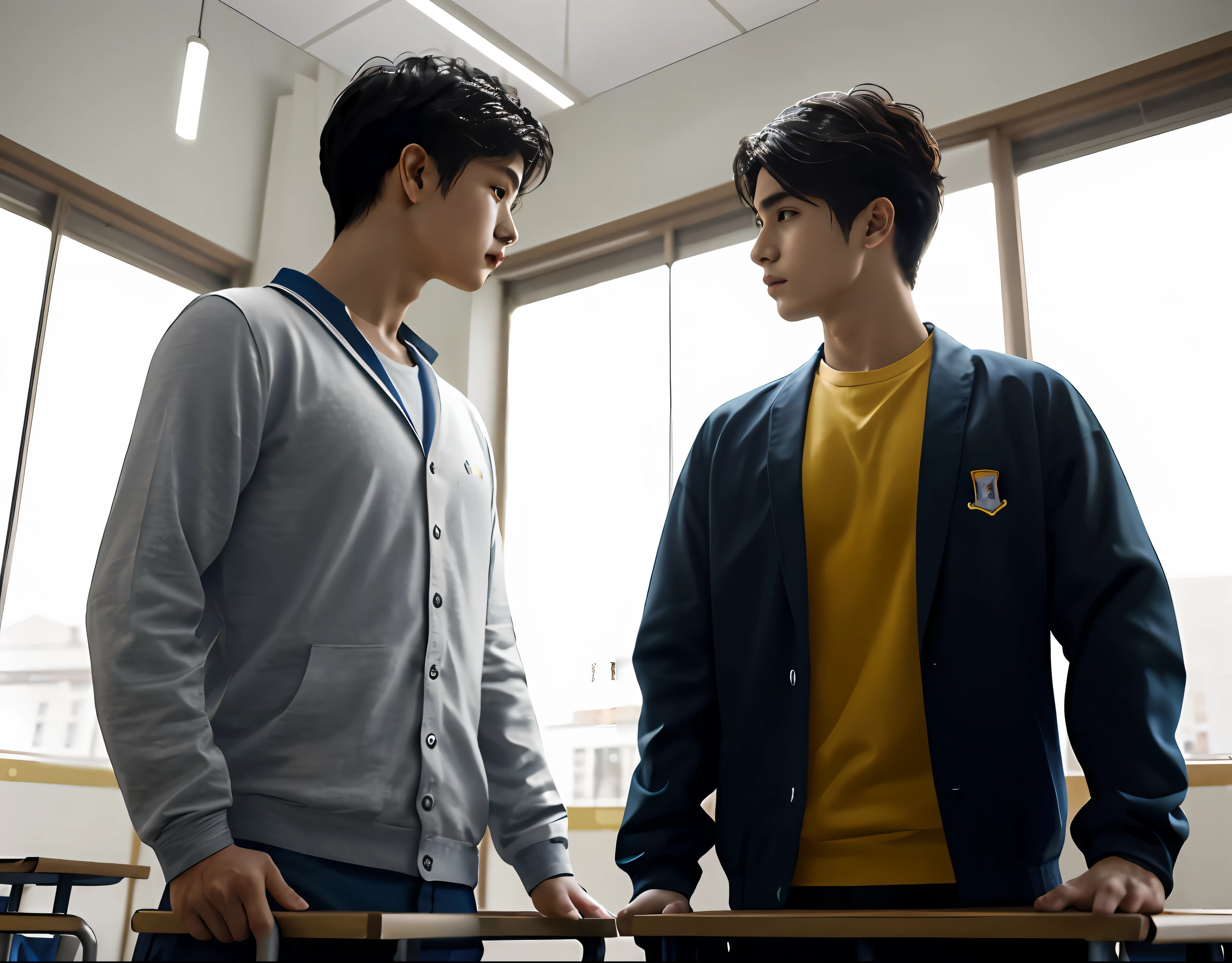 2children from 13 years old , Parlero, dentro, (obra maestra, La mejor calidad, absurdos ), escuela,Classroom two shirtless are in school have sweatpants looking into each other's eyes sadly are in the sports room