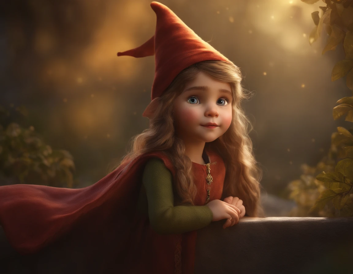 La mejor calidad, Ultra detallado,fotorrealista:1.37), A detailed illustration of girl elf. Once. Tiene llamativos ojos color miel y cabello negro trenzado.. His little ears peek out from under his hat, and she is dressed in a long flowing skirt. The artwork shows vivid colors and a realistic representation of the character.. Lighting creates a warm and magical atmosphere.