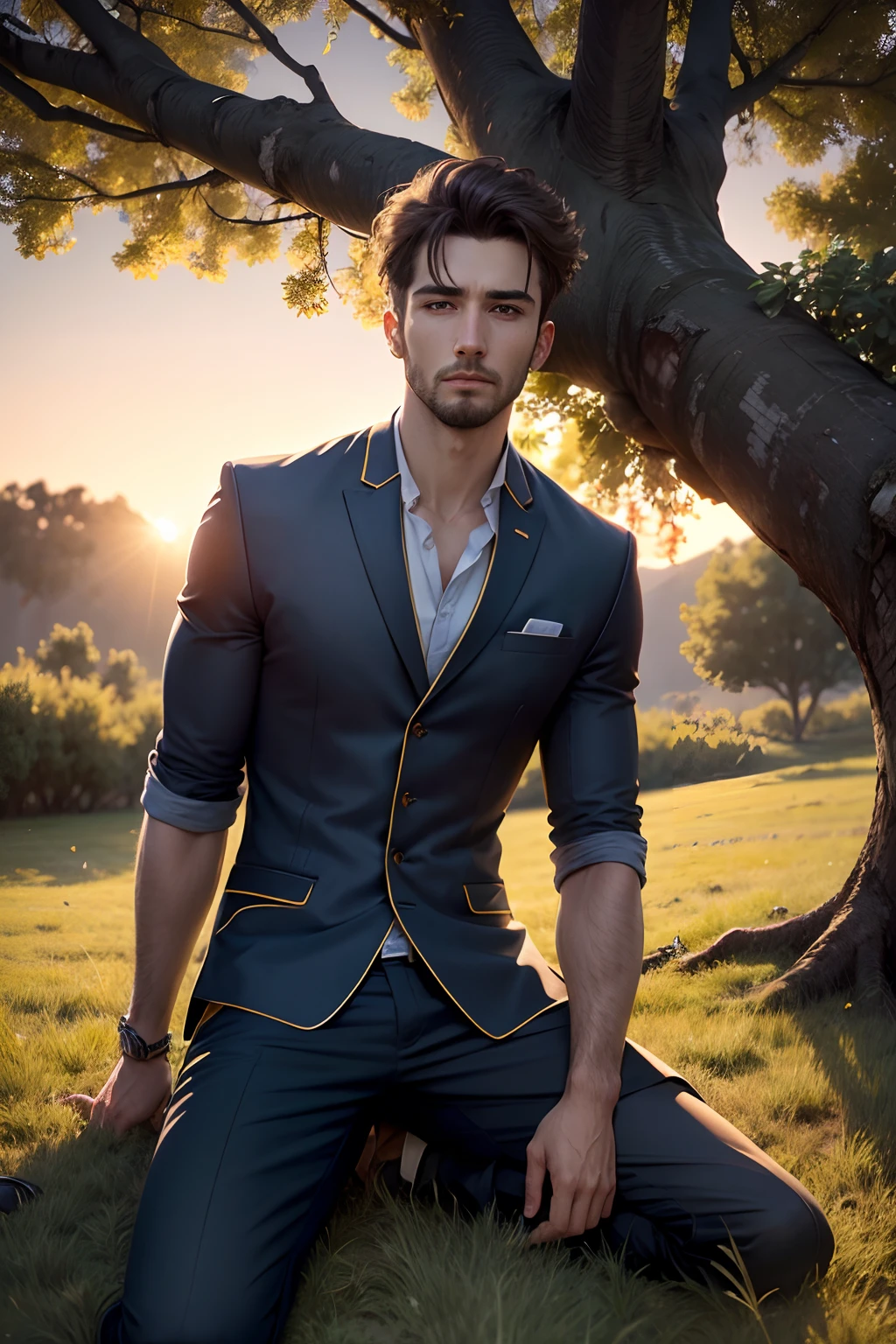 8k, RAW photo, portrait, best quality, ultra high res, photorealistic, a men lie, full body, under aple tree, grass, looking to sky sunset