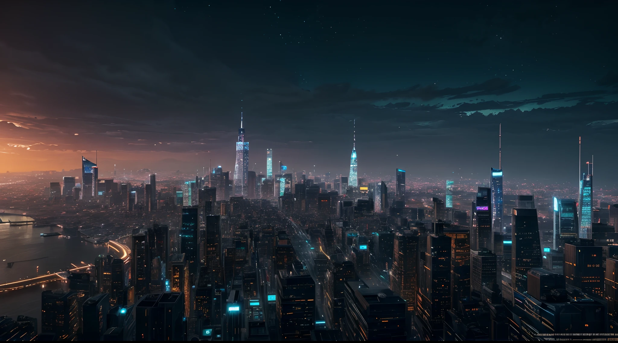 futuristic nighttime cyberpunk New York City skyline landscape vista photography by Carr Clifton & Galen Rowell, 16K resolution, Landscape veduta photo by Dustin Lefevre & tdraw, 8k resolution, detailed landscape painting by Ivan Shishkin, DeviantArt, Flickr, rendered in Enscape, Miyazaki, Nausicaa Ghibli, Breath of The Wild, 4k detailed post processing, atmospheric, hyper realistic, 8k, epic composition, cinematic, artstation