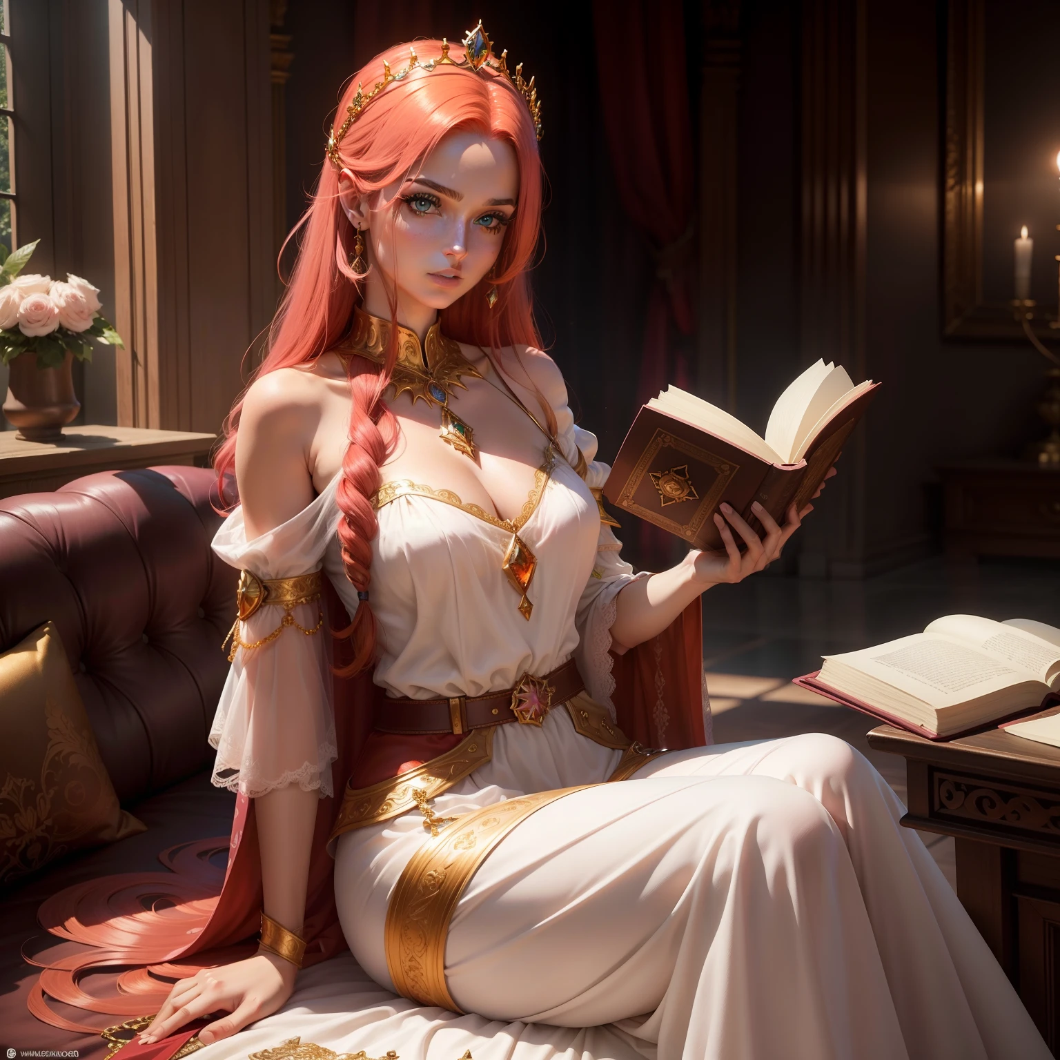 Epic character: mulher jovem bonita, tall with red hair and amber eyes, usando tiara de cristal fina, Ler um livro, wearing tunic, colar, gotejamento de luz, pink lips, super realista e bem detalhado, papel de parede