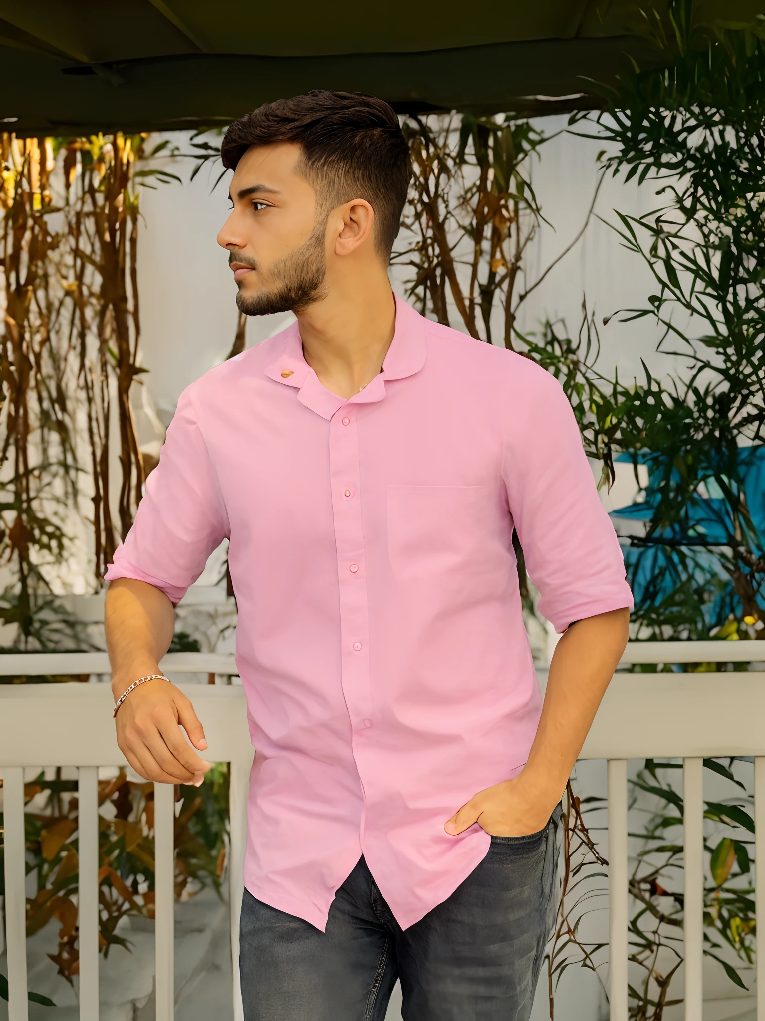 arafed man in a pink shirt standing on a porch, pink shirt, magenta shirt, wearing in shirt, summer shirt, short sleeves, collared shirt, wearing a linen shirt, with soft pink colors, cinematic full shot, edited, official product image, pastel pink, taken with canon 8 0 d, captured on canon eos r 6