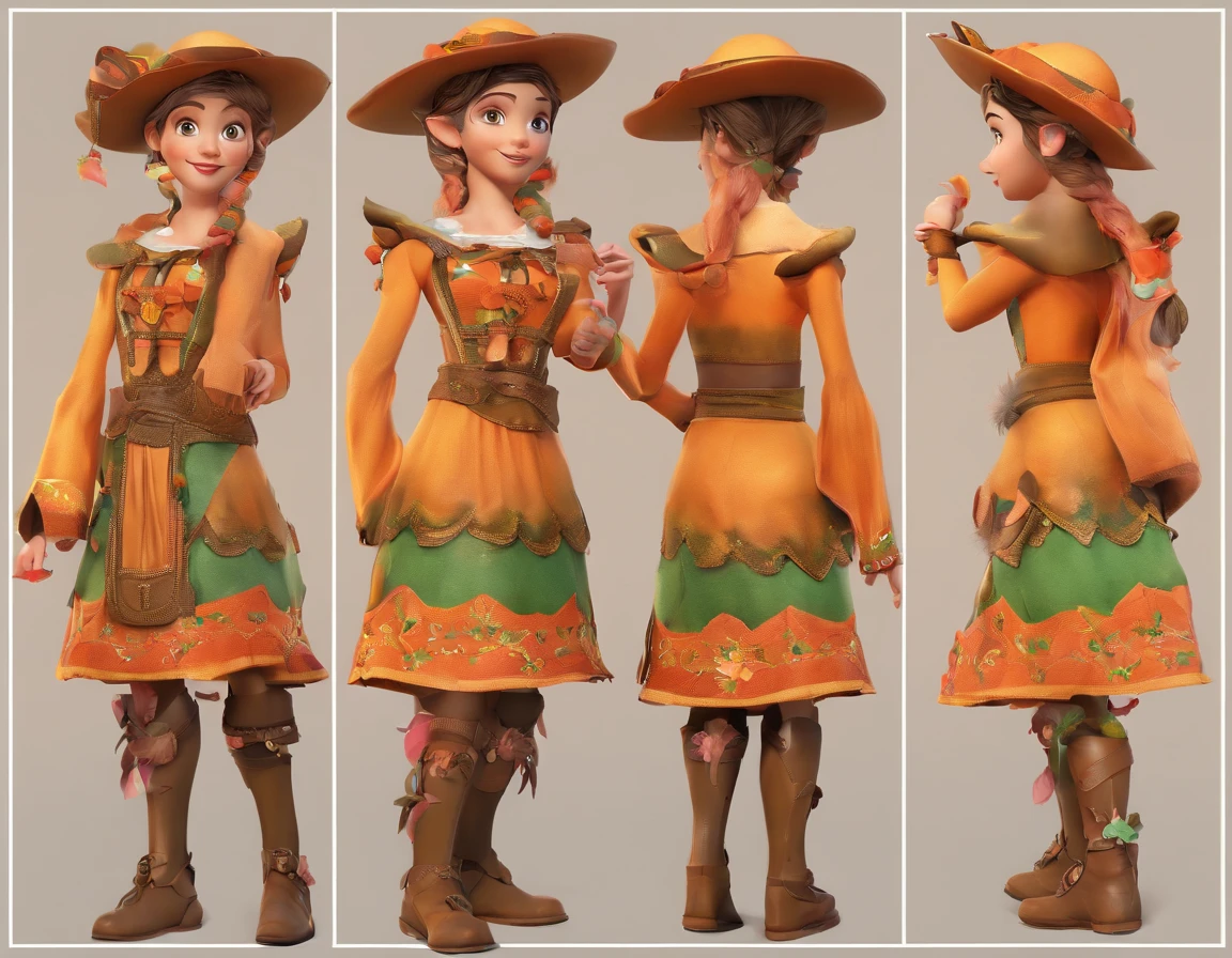 La mejor calidad, Ultra detallado,fotorrealista:1.37), A detailed illustration of little girl elf. Once. Tiene llamativos ojos color miel y cabello negro trenzado.. His little ears peek out from under his hat, and she is dressed in a long flowing skirt. The artwork shows vivid colors and a realistic representation of the character.. Lighting creates a warm and magical atmosphere.