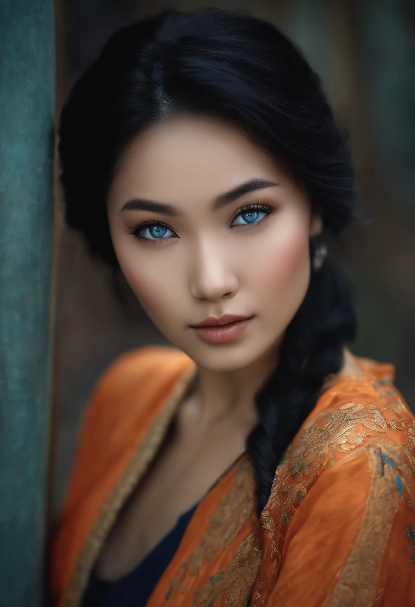 photo realistic, girl, black hair, blue eyes, asian,modern