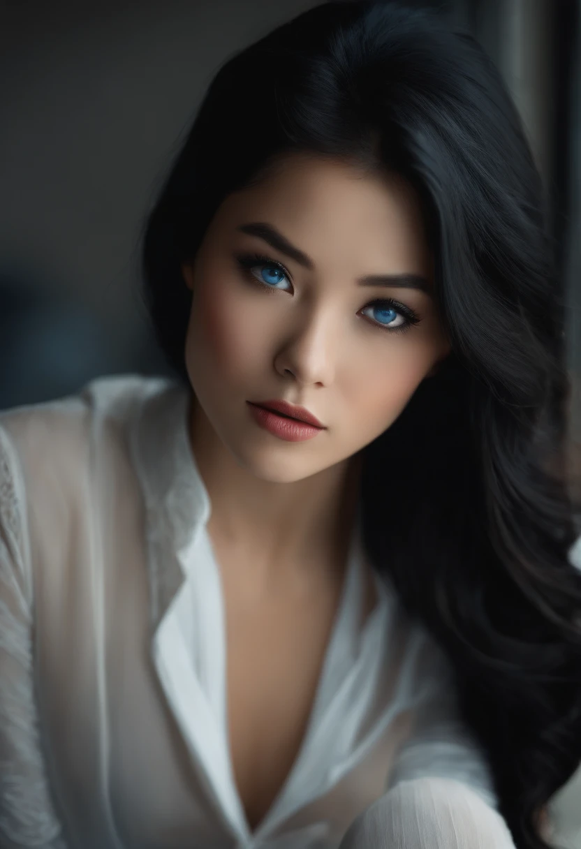 photo realistic, girl, black hair, blue eyes, asian,modern