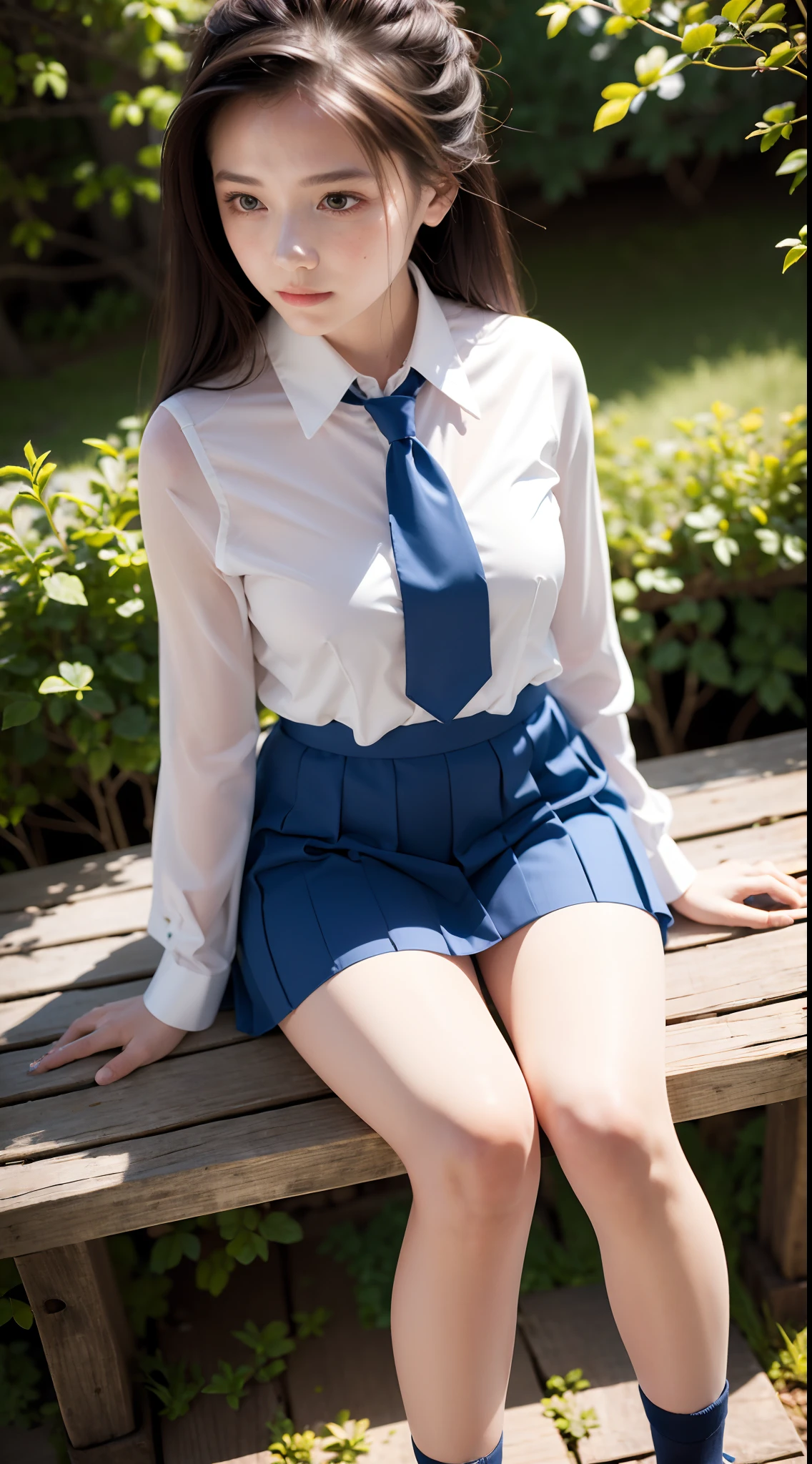 16k high quality photos，Beautiful long-haired girl，Sit on a bench，Starlight in the eyes，yellow school uniforms，Blue tie，short  skirt，Detailed depiction of stockings with floral motifs，