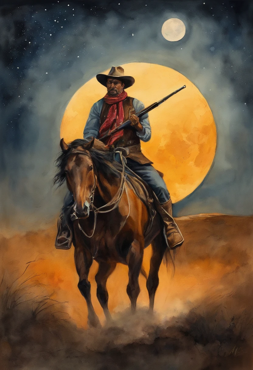 There is a man on a horse in front of a full moon, Andar a cavalo na lua, Vaqueiro, Cowboy na Faixa, Foto traseira de um cowboy, No Velho Oeste, O Cowboy no Estranho Oeste, Velho Oeste, Lone guard, sonho de Vaqueiro, quadrinhos ocidentais inspirados, lonely rider, Directed by: Cíntia Wright, space western, Fotografia Moonwalker