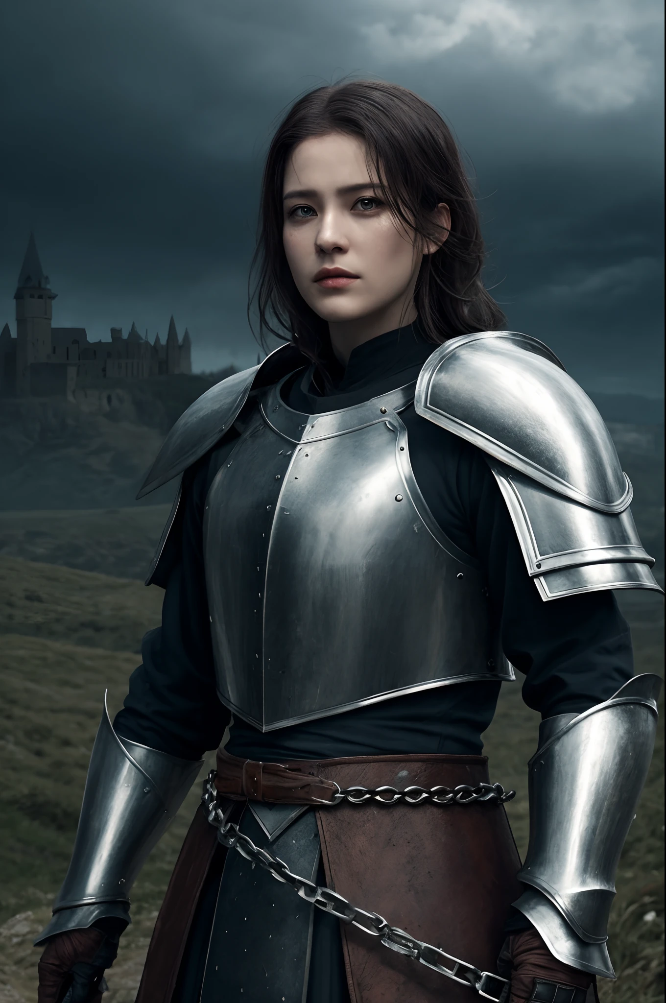 realisticlying,top-quality,tmasterpiece,cinematic compositions,slow motion,18yo Girl(Medium shot of medieval knights,Gloomy and weathered face,whaite hair:1.2),Chain mail and plate armor,(Realistic and detailed|Complex armor:1.1),(Visible face:1.3),(Realistic physiognomy|The eye|irises|The skin|Muscle tissue,Detailed skins,skin textures,Natural skin),(Holding a sword in hand:1. 2), Frontal perspective,Imposing and firm posture,Look forward firmly,skin blemish,Natural skin wrinkles,Natural skin spots,Highly detailed clothes,rich details,intricately details,Realistic wrinkles in clothes,Medieval fantasy landscape,mostly cloudy sky,Castle in the background in the distance,Radiant illumination,deep shading,dramatic scene,Dark and cool tones,Blue and gray tones, There are no other characters in the scene,detail-rich|复杂,Detailed landscapes,Volumetriclighting,(Detailed lighting),(Detailed light reflection on armor:1.1),8k,highly details,UHD,HDR,Realistic Facial Expression|Hairstyles