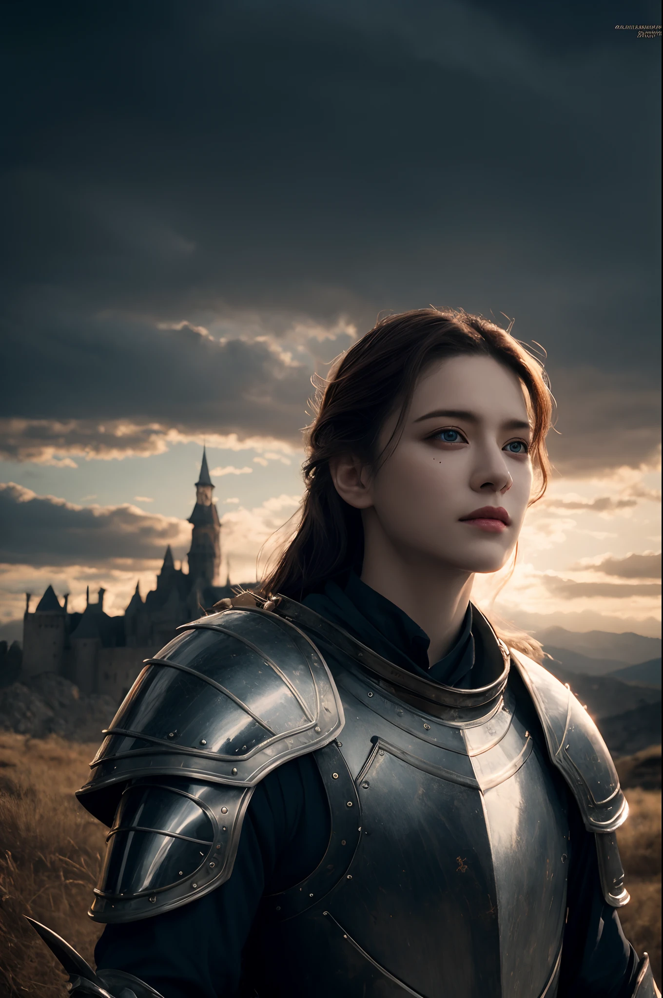 realisticlying,top-quality,tmasterpiece,cinematic compositions,slow motion,18yo Girl(Medium shot of medieval knights,Gloomy and weathered face,whaite hair:1.2),Chain mail and plate armor,(Realistic and detailed|Complex armor:1.1),(Visible face:1.3),(Realistic physiognomy|The eye|irises|The skin|Muscle tissue,Detailed skins,skin textures,Natural skin),(Holding a sword in hand:1. 2), Frontal perspective,Imposing and firm posture,Look forward firmly,skin blemish,Natural skin wrinkles,Natural skin spots,Highly detailed clothes,rich details,intricately details,Realistic wrinkles in clothes,Medieval fantasy landscape,mostly cloudy sky,Castle in the background in the distance,Radiant illumination,deep shading,dramatic scene,Dark and cool tones,Blue and gray tones, There are no other characters in the scene,detail-rich|复杂,Detailed landscapes,Volumetriclighting,(Detailed lighting),(Detailed light reflection on armor:1.1),8k,highly details,UHD,HDR,Realistic Facial Expression|Hairstyles