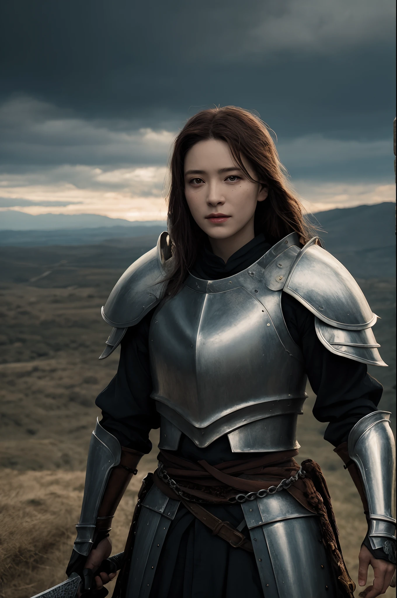 realisticlying,top-quality,tmasterpiece,cinematic compositions,slow motion,18yo Girl(Medium shot of medieval knights,Gloomy and weathered face,whaite hair:1.2),Chain mail and plate armor,(Realistic and detailed|Complex armor:1.1),(Visible face:1.3),(Realistic physiognomy|The eye|irises|The skin|Muscle tissue,Detailed skins,skin textures,Natural skin),(Holding a sword in hand:1. 2), Frontal perspective,Imposing and firm posture,Look forward firmly,skin blemish,Natural skin wrinkles,Natural skin spots,Highly detailed clothes,rich details,intricately details,Realistic wrinkles in clothes,Medieval fantasy landscape,mostly cloudy sky,Castle in the background in the distance,Radiant illumination,deep shading,dramatic scene,Dark and cool tones,Blue and gray tones, There are no other characters in the scene,detail-rich|复杂,Detailed landscapes,Volumetriclighting,(Detailed lighting),(Detailed light reflection on armor:1.1),8k,highly details,UHD,HDR,Realistic Facial Expression|Hairstyles
