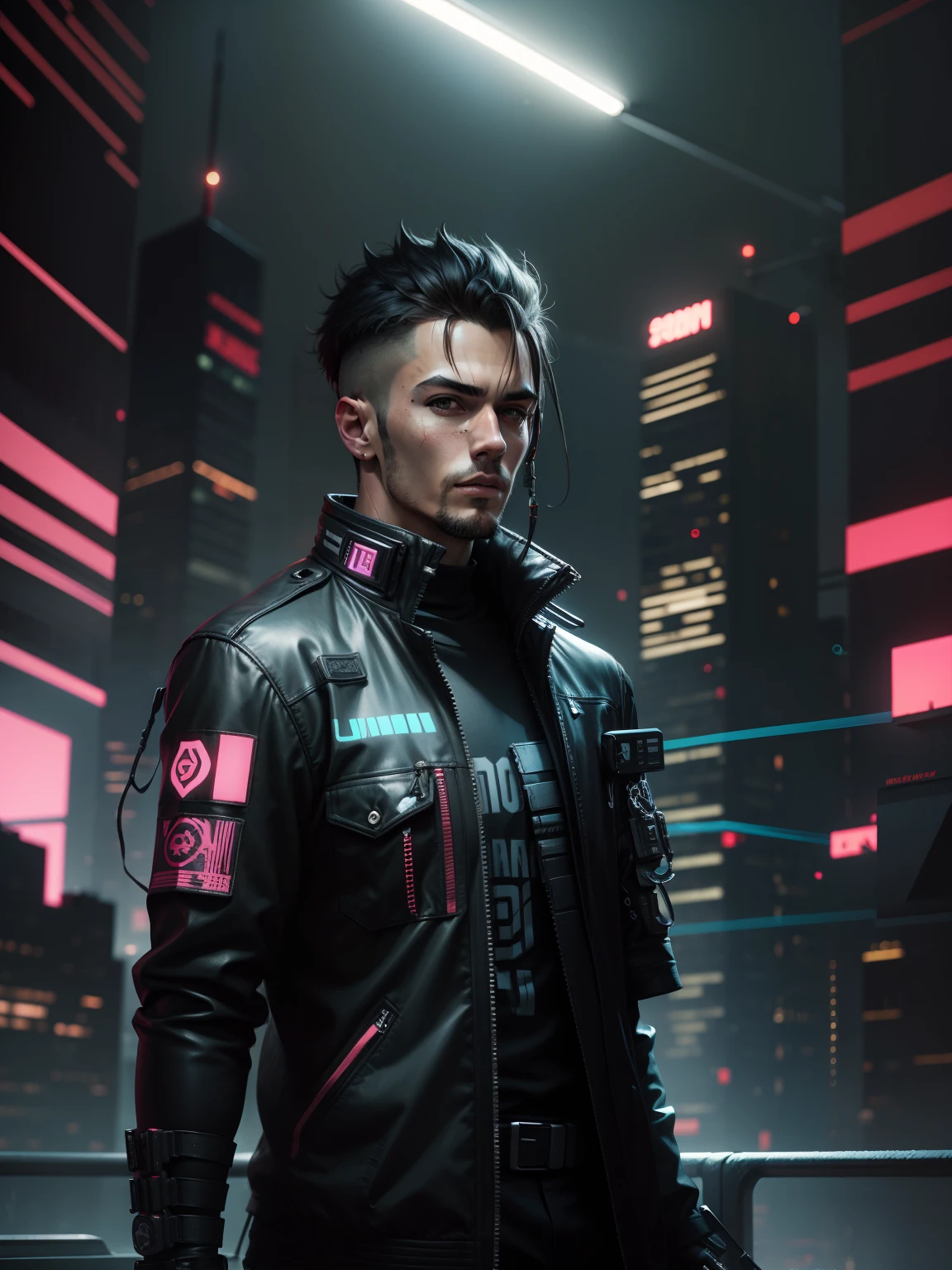 Change background , cyberpunk, handsome, realistic face, 8k, ultra realistic