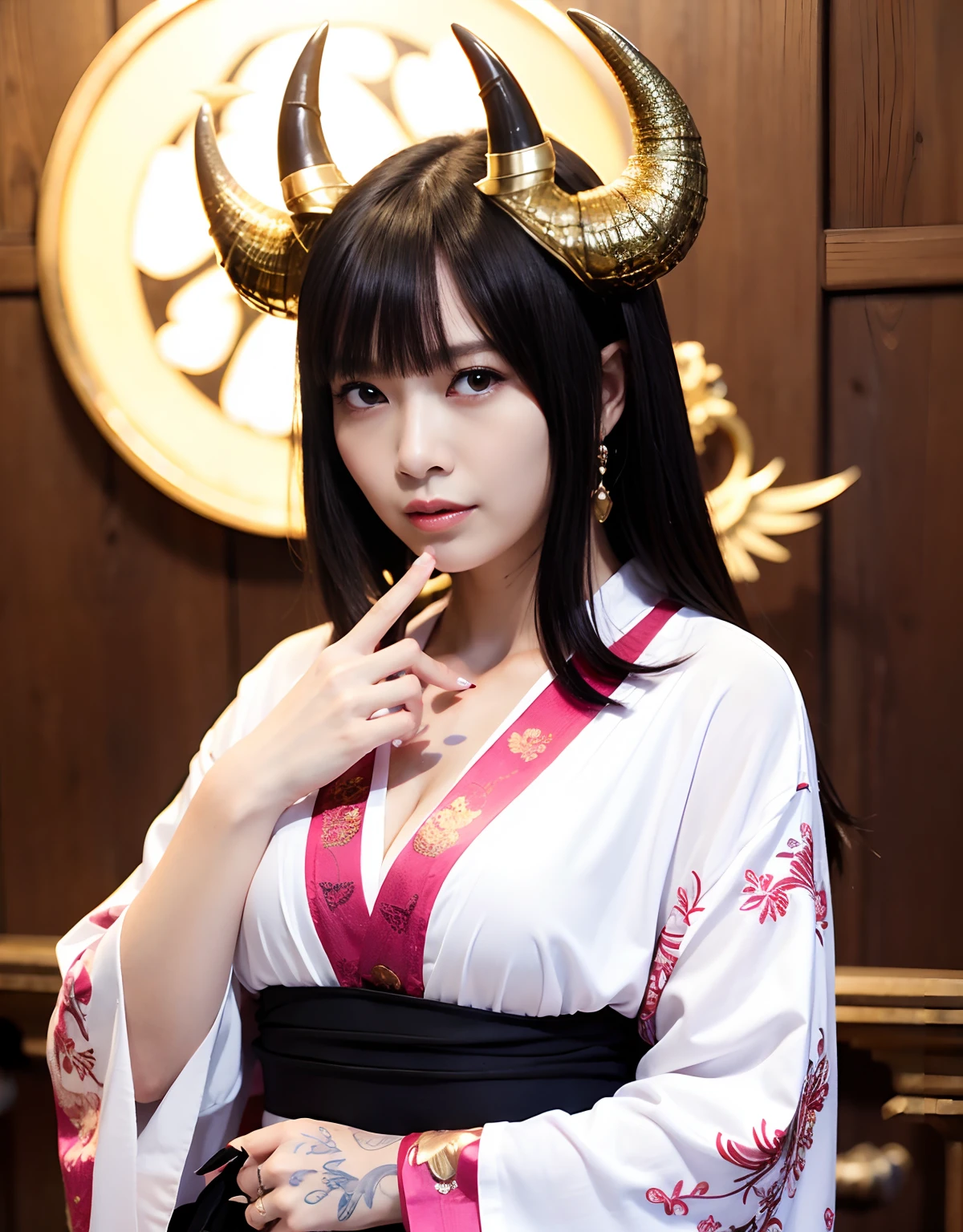 ((World of Darkness)),Professional , masterpiece、top-quality、photos realistic , depth of fields 、Dark Fantasy、(Ultimate Beauty)、A dark-haired、(White bikini armor)、(Kimono with beautiful pattern)、(Night background)、((a dark night)),(Wear a beautiful kimono),(Wear a beautiful kimono with colorful floral patterns)、Jewel Gold Weapon、Particles of light),(Has a devil's mask)、Gorgeous gold weapons ,(( Gorgeous Dragon Sword)) , (a dark night),,(maikurobikini) 、((Black Haired Beautiful Girl))、(Castle background)、(demonic wings)、((Gangle's forest background))、Beautiful Caucasian beauty、1a person、dynamic ungle,(((Two devil's horns on the head)))、Smaller head、Idle Smile、Thin and beautiful female hands、Mystical expression、Light Effects、intense fighting、Wind-effect、magic circles、With the legendary magic wand、Dragon's tail、