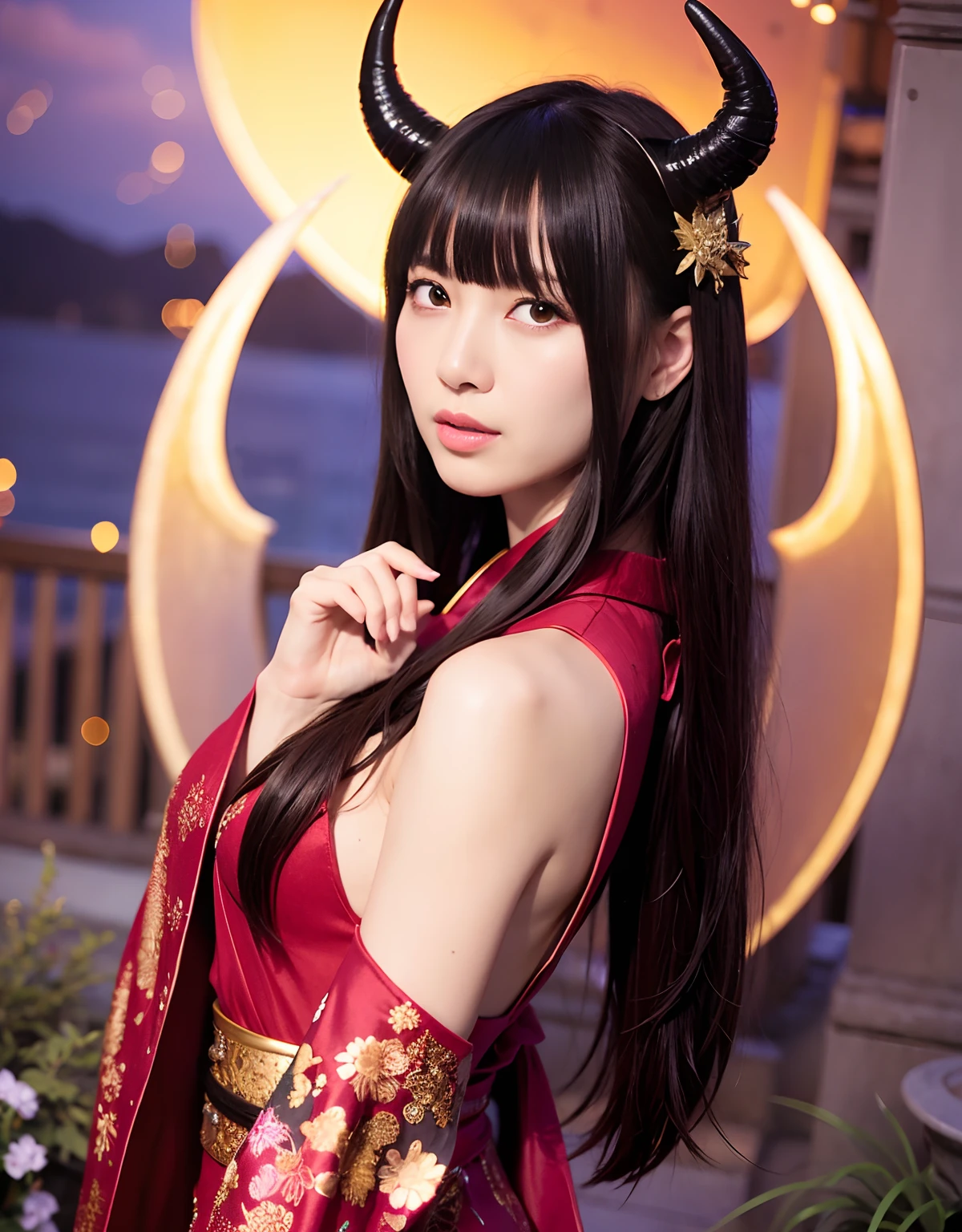 ((World of Darkness)),Professional , ​masterpiece、top-quality、photos realistic , depth of fields 、Dark Fantasy、（Ultimate Beauty）、A dark-haired、（White bikini armor)、（Kimono with beautiful pattern）、（Night background）、（（a dark night））,(Wear a beautiful kimono),（Wear a beautiful kimono with colorful floral patterns）、Jewel Gold Weapon、Particles of light),（Has a devil's mask）、Gorgeous gold weapons ,（（ Gorgeous Dragon Sword）） , （a dark night）,,（maikurobikini） 、（（Black Haired Beautiful Girl））、（Castle background）、（demonic wings）、（（Gangle's forest background））、Beautiful Caucasian beauty、１a person、dynamic ungle,(((Two devil's horns on the head)))、Smaller head、Idle Smile、Thin and beautiful female hands、Mystical expression、Light Effects、intense fighting、Wind-effect、magic circles、With the legendary magic wand、Dragon's tail、