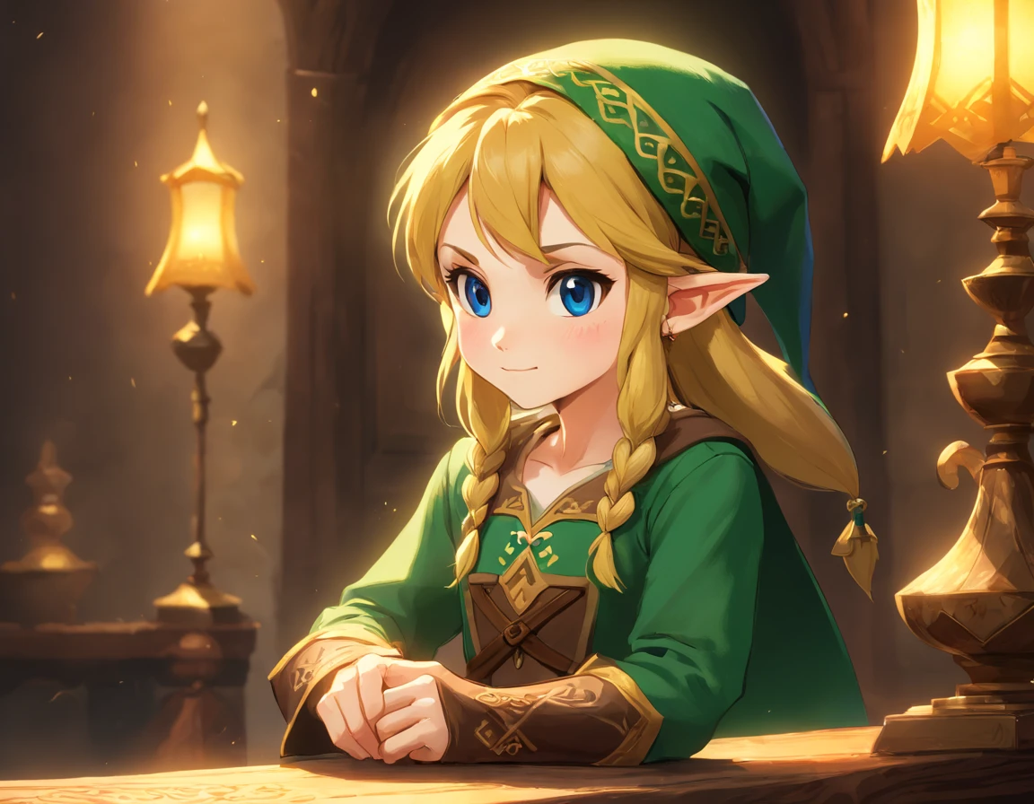 La mejor calidad, Ultra detallado,fotorrealista:1.37), A detailed illustration of little girl elf. Once. Tiene llamativos ojos color miel y cabello negro trenzado.. His little ears peek out from under his hat, and she is dressed in a long flowing skirt. The artwork shows vivid colors and a realistic representation of the character.. Lighting creates a warm and magical atmosphere.