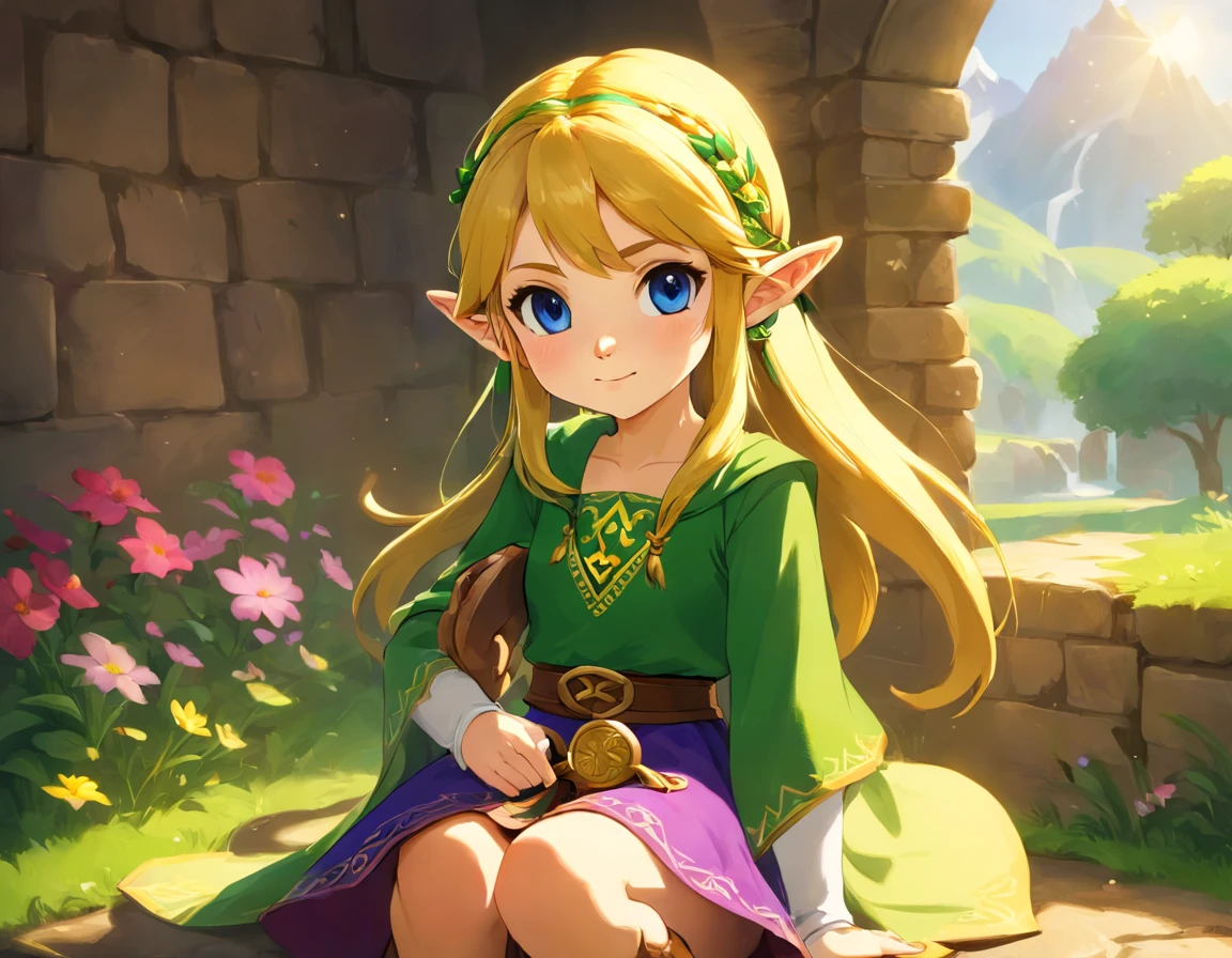 La mejor calidad, Ultra detallado,fotorrealista:1.37), A detailed illustration of  girl elf. Once. Tiene llamativos ojos color miel y cabello negro trenzado.. His little ears peek out from under his hat, and she is dressed in a long flowing skirt. The artwork shows vivid colors and a realistic representation of the character.. Lighting creates a warm and magical atmosphere.