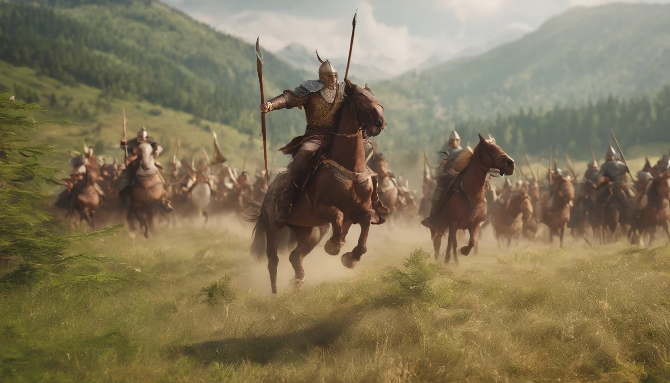 there are many people riding horses with dragon heads on them, #vfxfriday, red banners, gwelf, anamorphic widescreen, army, stunning moody cinematography, [[[[grinning evily]]]], inspired by Károly Kisfaludy