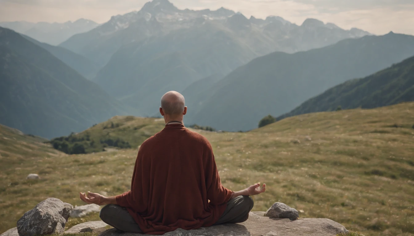 photo of an inspiring setting full of Italian mountains, with a man on his back meditating,ultra sharp focus, photo realistic, medieval men's clothing, tetrahedral colors (scar:1,4)