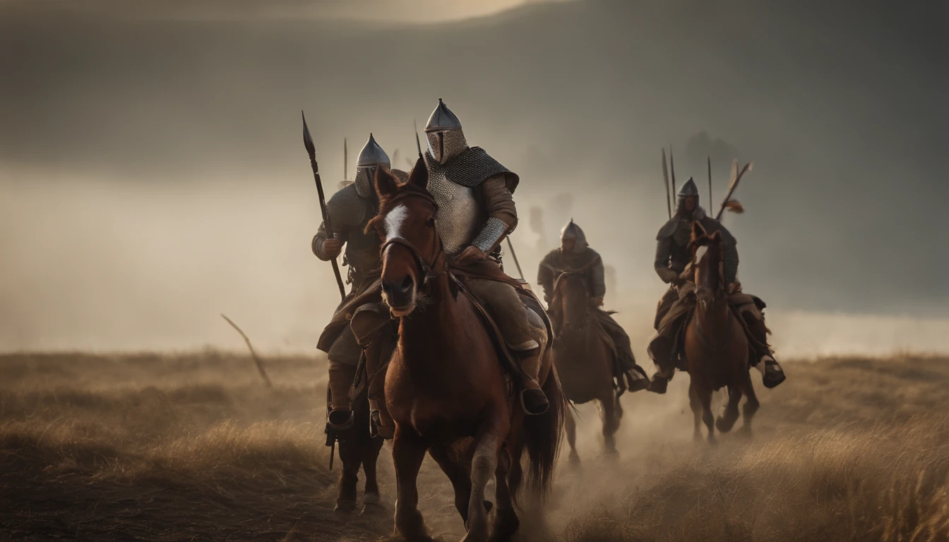 A close-up of a medieval war scene,The fighting was fierce,spectacular,The medieval crusaders fought a lot of terrifying battles(Minotaur team),Overwhelming enemies,On the plain,eventide,Medieval landscape,Fantastical,4K,best qualtiy,primitive,((Ultra-detailed and high-precision details)),Photo texture,真实感,Delicate and smooth,Light
