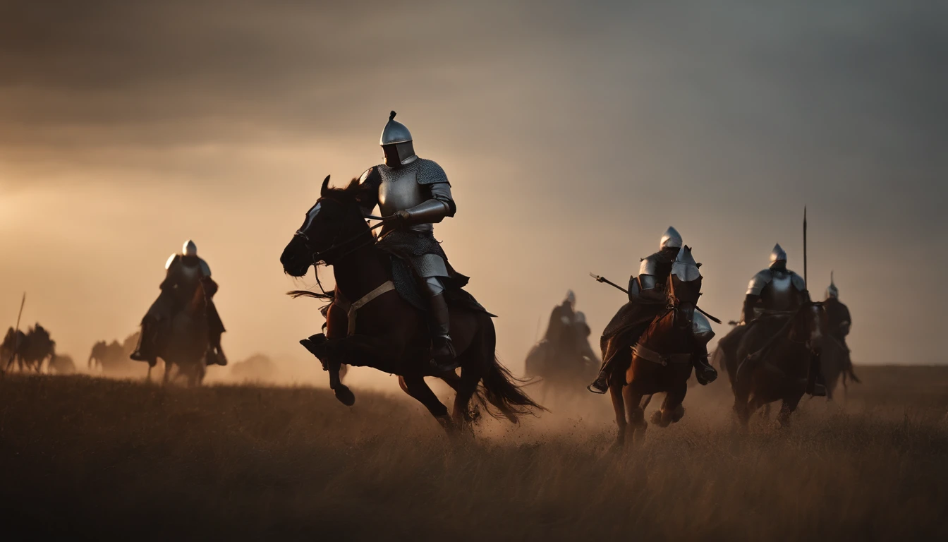 A close-up of a medieval war scene，The fighting was fierce，spectacular，The medieval crusaders fought a lot of terrifying battles(Minotaur team：1.3)，(Overwhelming enemies)，On the plain，eventide，Medieval landscape，Fantastical，4K，best qualtiy，primitive，（(Ultra-detailed and high-precision details))，Photo texture，真实感，Delicate and smooth，Light,rendering by octane，CG masterpiece