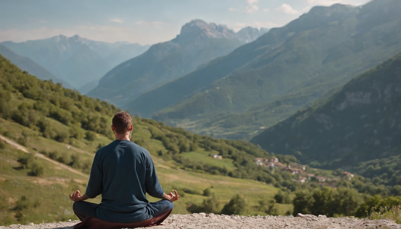 photo of an inspiring setting full of Italian mountains, with a man on his back meditating,ultra sharp focus, photo realistic, medieval men's clothing, tetrahedral colors (scar:1,4)