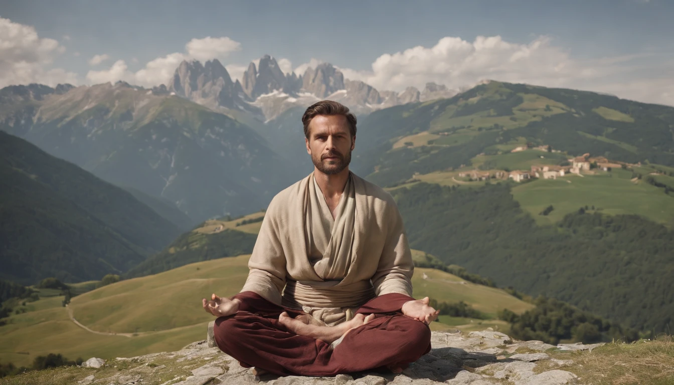 photo of an inspiring setting full of Italian mountains, with a man on his back meditating,ultra sharp focus, photo realistic, medieval men's clothing, tetrahedral colors (scar:1,4)