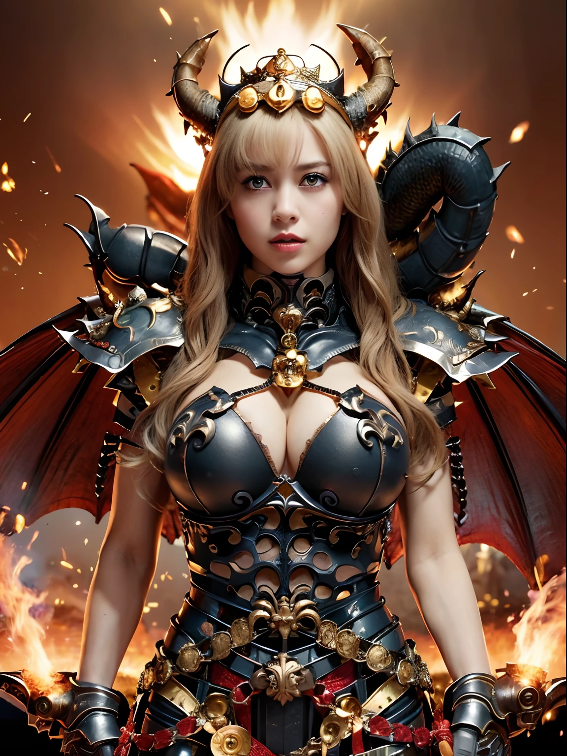 Professional , ​masterpiece、top-quality、photos realistic , depth of fields 、（Dragon Black Metal Body:1.９),(Matte Blue Black、(Night World)、（cleavage of the breast）、Dragon Gold Weapon、（Micro Bikini Armor:1.４),Gorgeous gold weapons ,（Fight dragons）、Seductive look、（（ Dragon's dense and gorgeous sword）） , （demonic wings）   ,Detail and gorgeous crown、（（a blond））、（Castle background）、（（Gangle's forest background））、Beautiful Caucasian beauty、１a person、dynamic ungle,(((Detailed and ornate dragon helmet)))、Smaller head、A smile、Castle background、Thin and beautiful female hands、cleavage of the breast、Soldier in iron armor on background、Mystical expression、Light Effects、intense fighting、Wind-effect、magic circles、With the legendary magic wand、Dragon's tail、explosions、