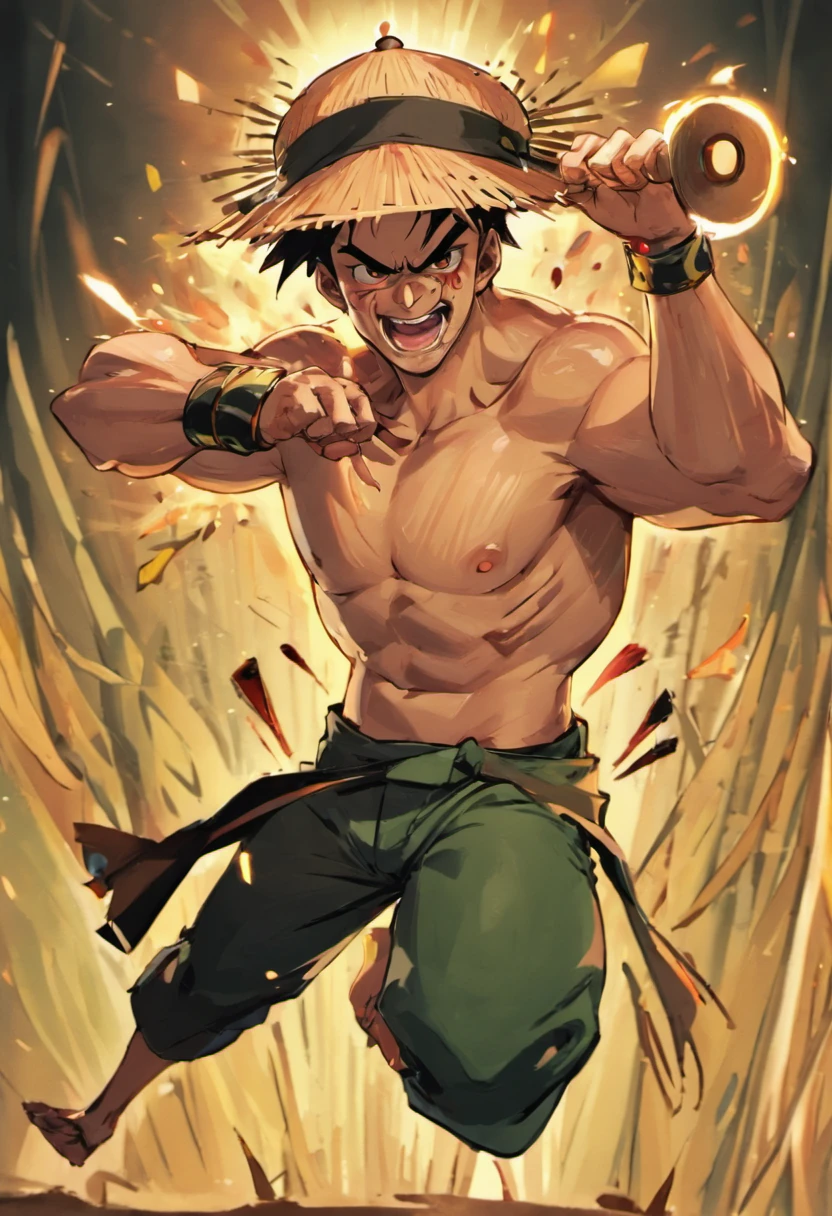 homem, rosto detalhado, jovem, Medium plan, estilo cartoon, Wearing a bamboo hat, olhar alegre, 8k