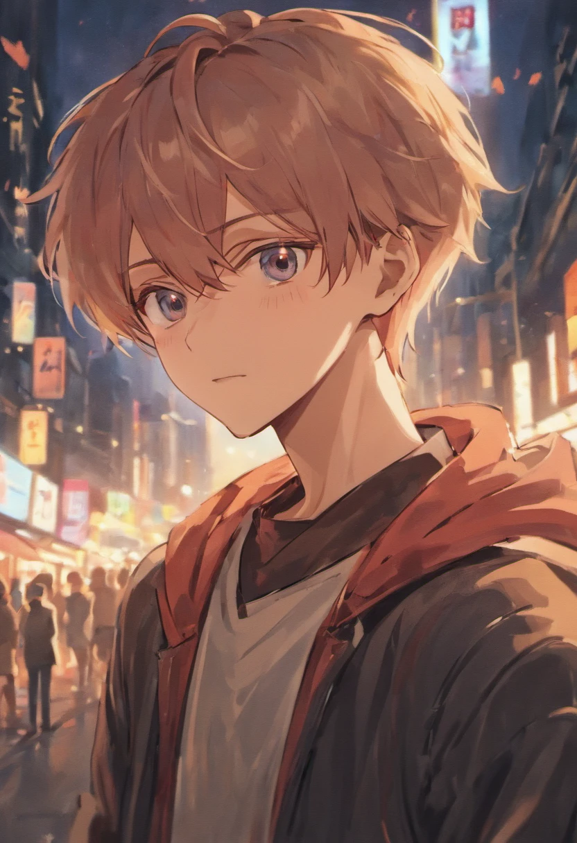 anime boy, smirking, blurry background, anime drawing style, face close up,