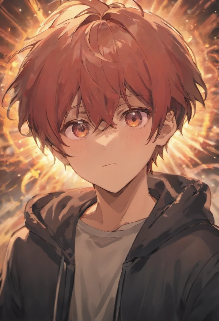 anime boy, smirking, blurry background, anime drawing style, face close up,