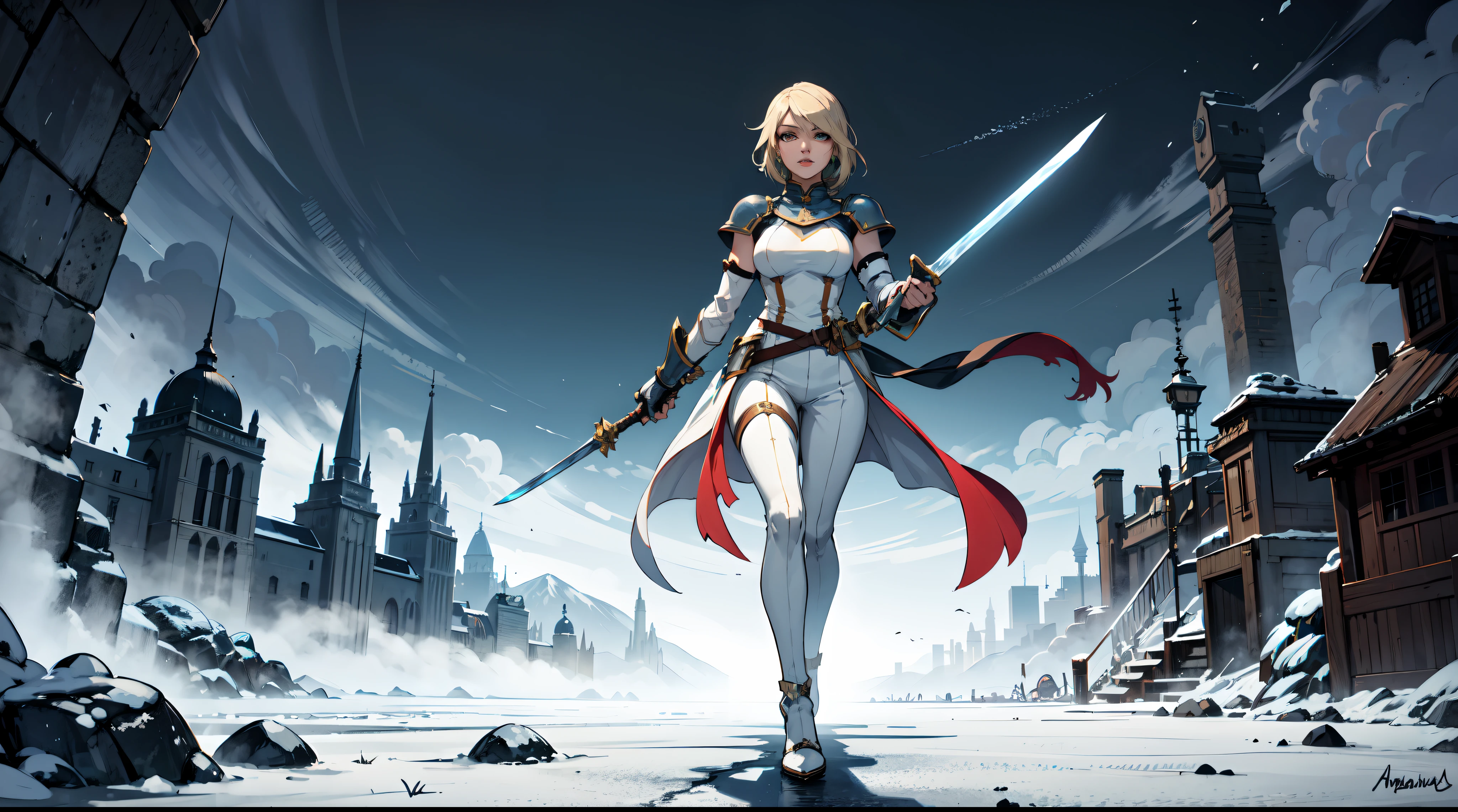 masterpiece, ((White clothes)),best quality, Agrias, simple armor with neckline, short blonde hair, assasina, white shoe, ice, fantasy, solo, pants, ice effects, Holding a sword, perfect hands, perfect fingers, highleg tights,using anbu mascarat,full body,Background on a battlefield with several dead on the horizon,