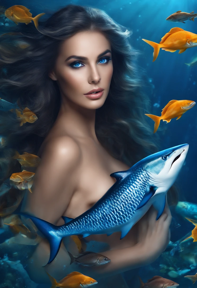 Blue sea，Schools of fish and sharks，A beautiful woman with blue eyes，Long flowing hair，Enchanting、Sexy babes
