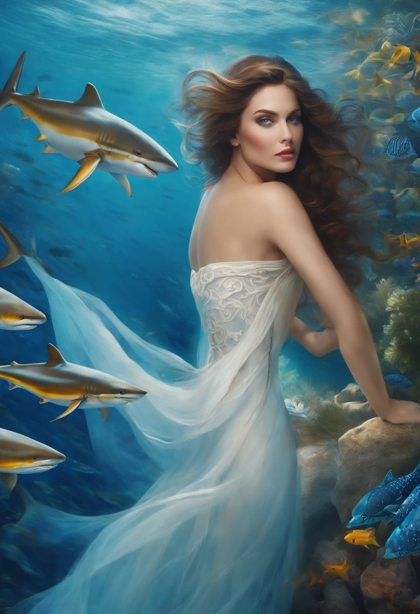 Blue sea,Schools of fish and sharks,A beautiful woman with blue eyes,Long flowing hair,Enchanting、Sexy babes