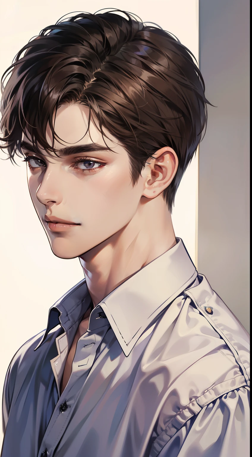 masterpiece, best quality, realistic, 1man, mature male, quiet and charming young man, 25 year old, a smirk, closed mouth, portrait, extremely detailed face, a little distant, ((dark eyes)), ((short-right-swept dark brown hair)), [thick eyebrows], ((shirt)), handsome