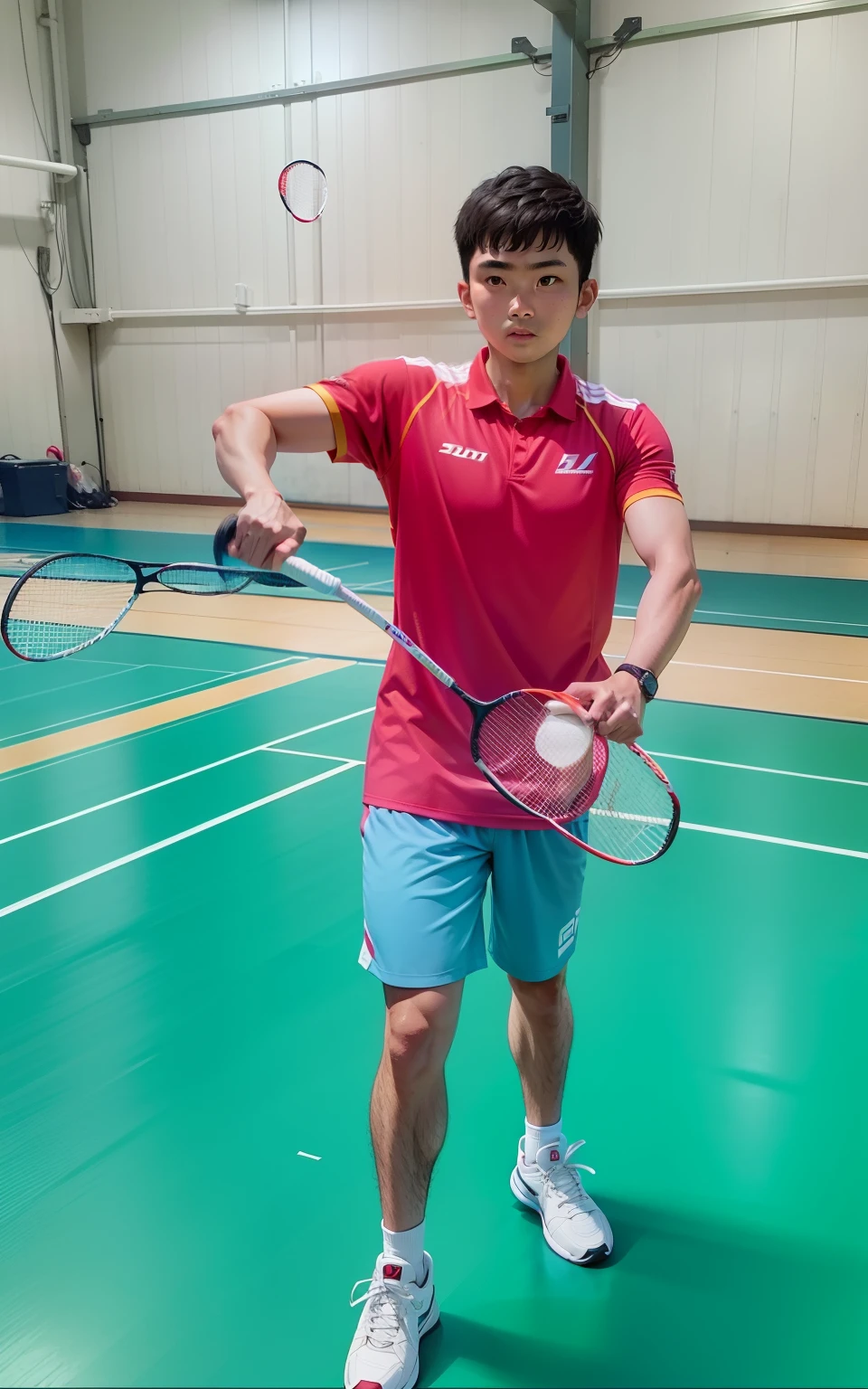A Badminton player ready to serve