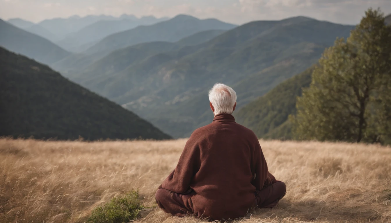 photo of an inspiring setting full of Italian mountains, with a man on his back meditating, natural white hair, ultra sharp focus, photo realistic, medieval men's clothing, tetrahedral colors (scar:1,4)