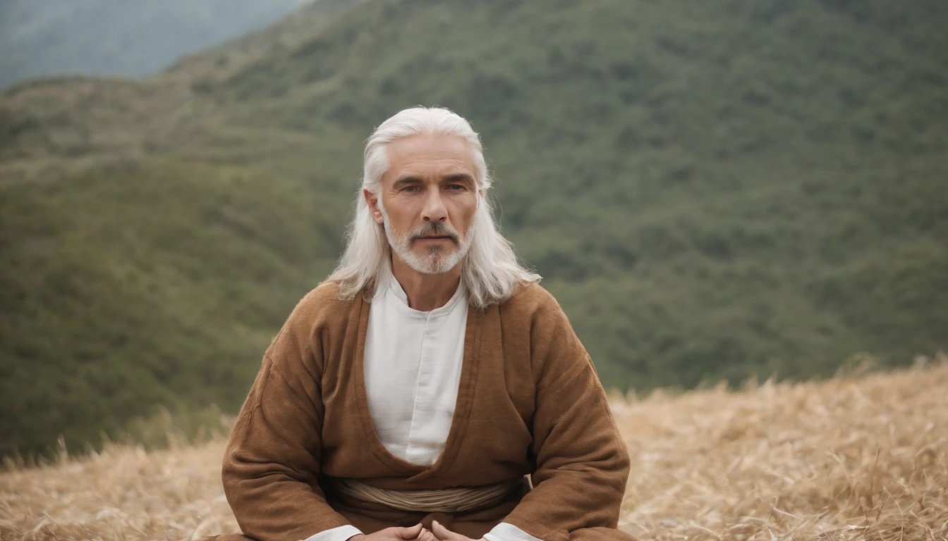 photo of an inspiring setting full of Italian mountains, with a man on his back meditating, natural white hair, ultra sharp focus, photo realistic, medieval men's clothing, tetrahedral colors (scar:1,4)